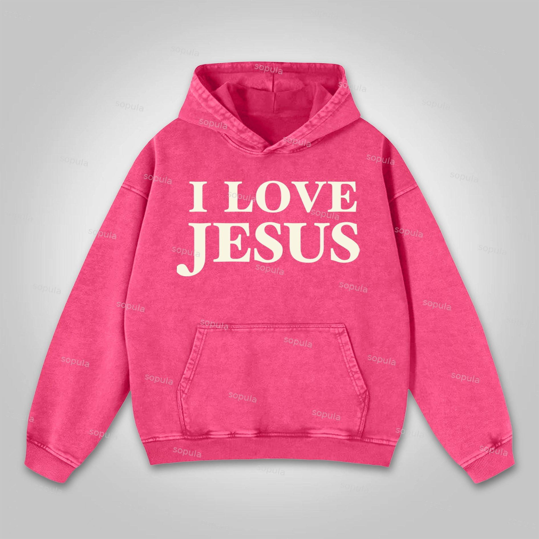 Sopula I Love Jesus. Jesus Loves The World Graphics Washed Distressed Pocket Hoodie Product Image