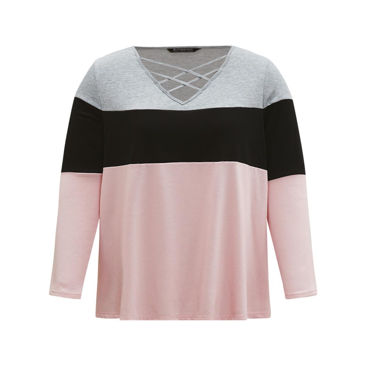 Plus Size Colorblock Contrast Crisscross V Neck Sweatshirt Women Multicolor Casual Contrast V-neck Everyday Sweatshirts BloomChic 10/M Product Image