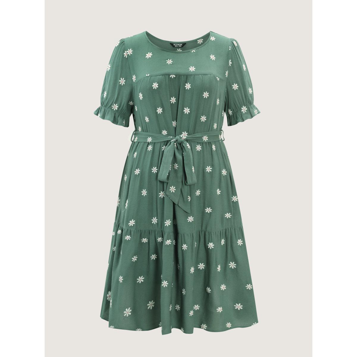 Plus Size Supersoft Floral Embroidered Waist-Tie Mini Dress Teal Women Playful Belted Round Neck Short sleeve Curvy BloomChic 26/4X Product Image