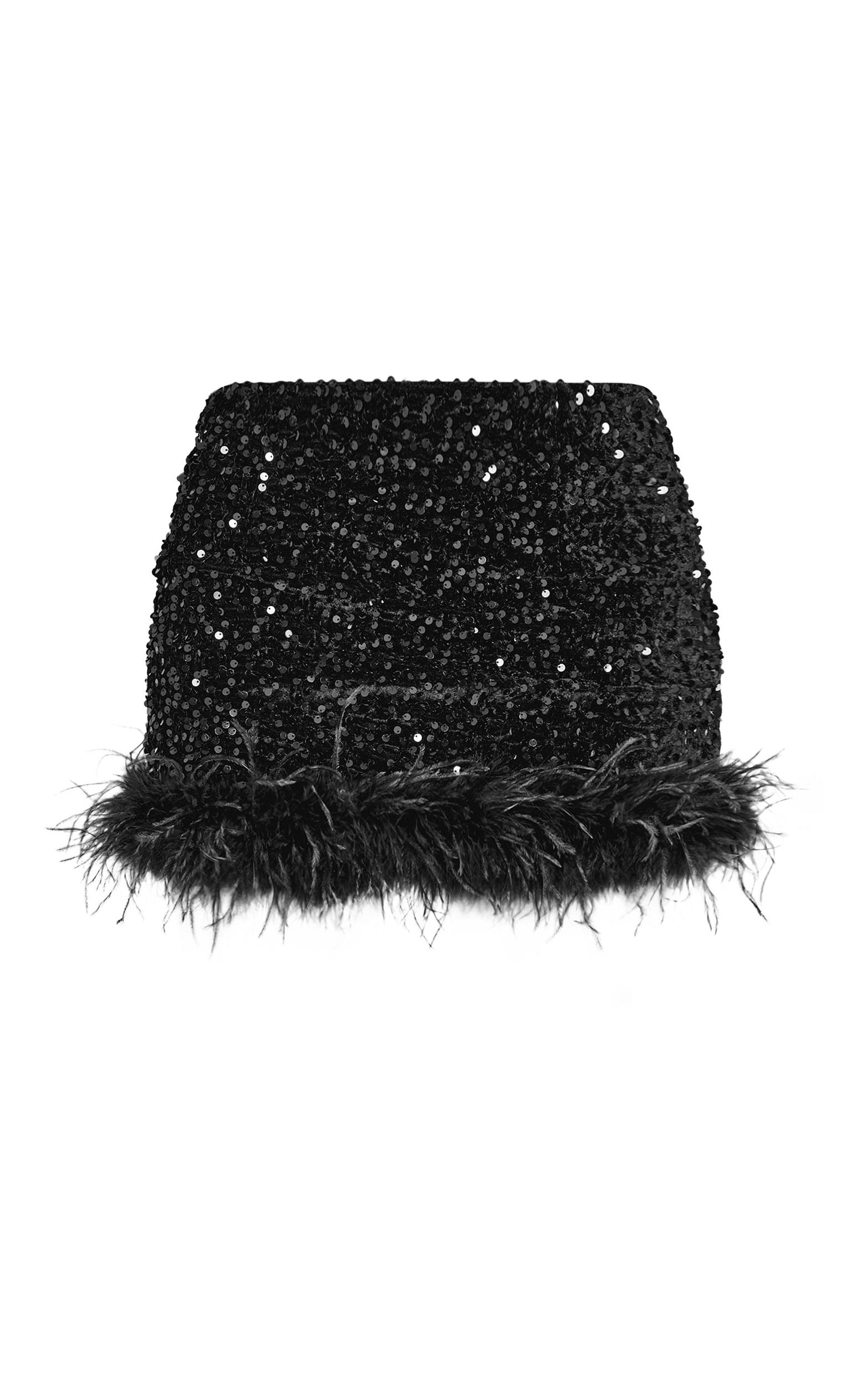 Black Premium Velvet Sequin Feather Hem Mini Skirt Product Image