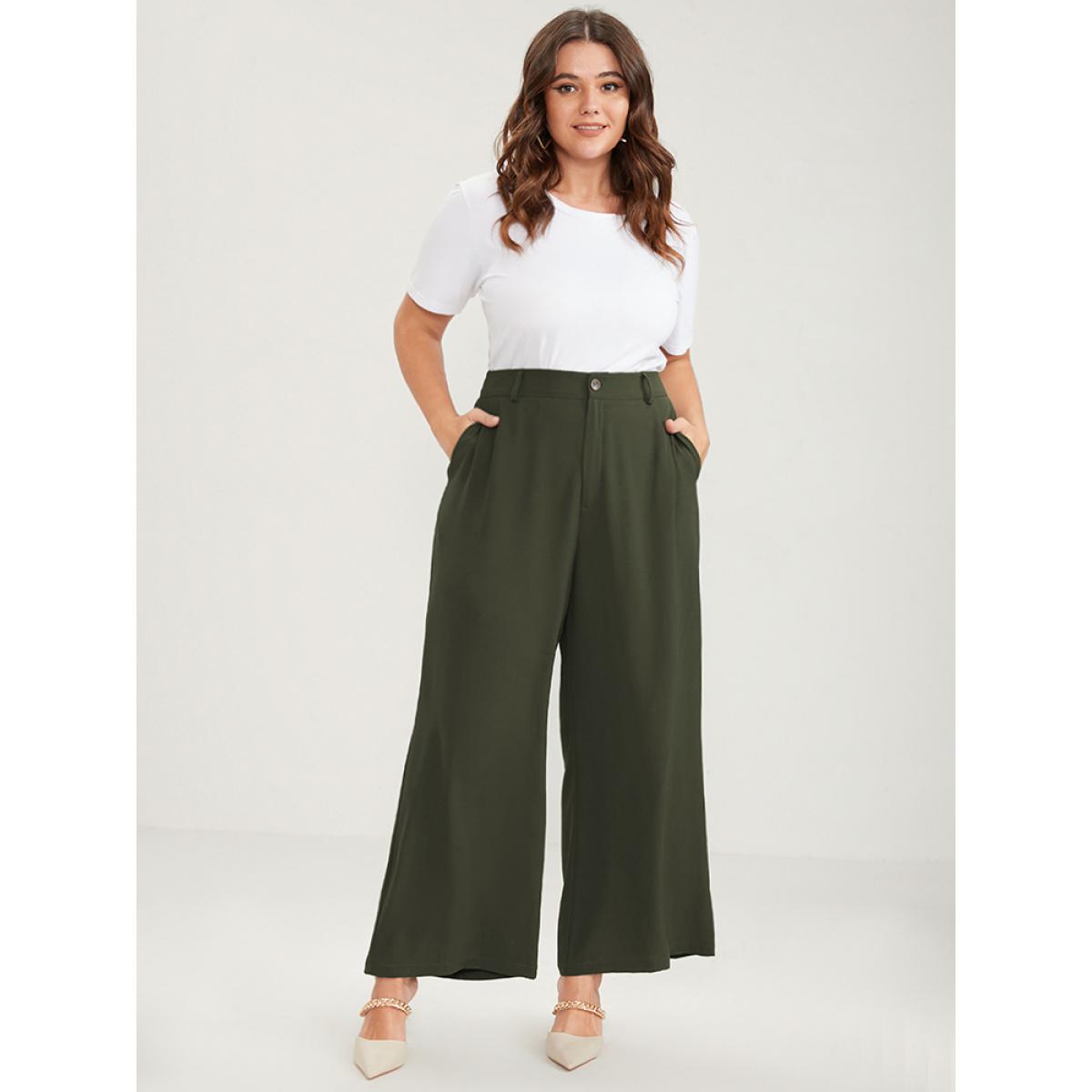 Plus Size Solid Pocket Wide Leg Pants Women ArmyGreen Office Mid Rise Office Pants BloomChic 10/M Product Image