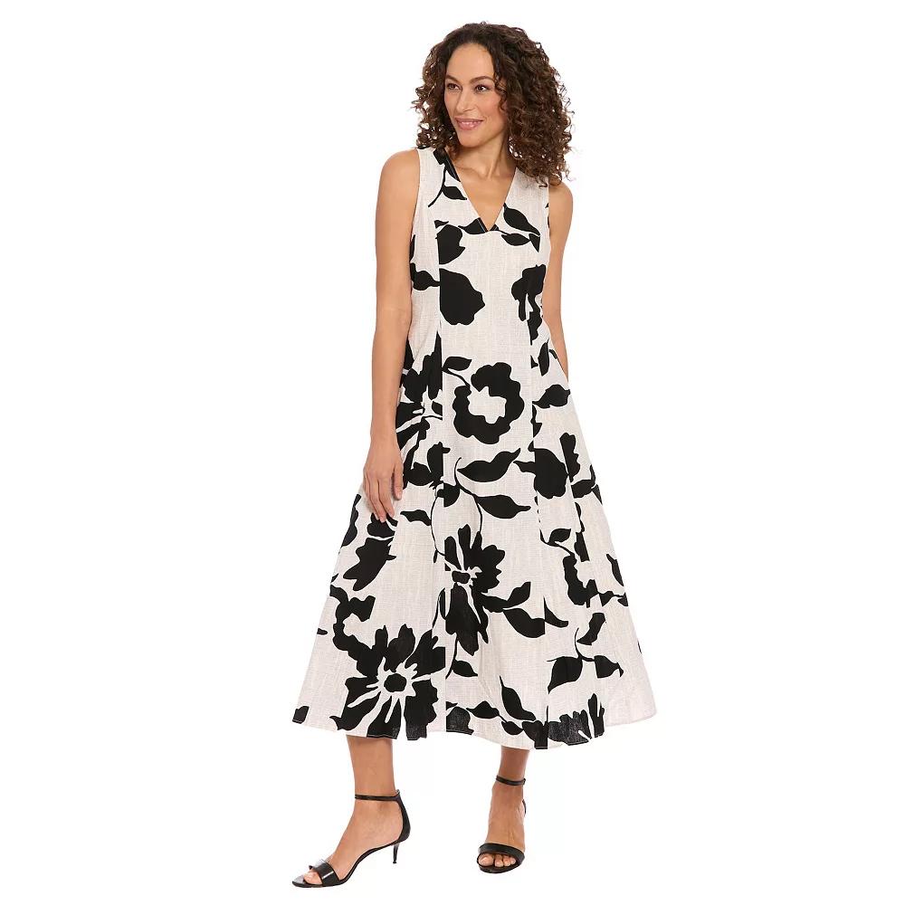 Women's London Times V-Neck Godet A-Line Dress, Size: Small, White Black Product Image