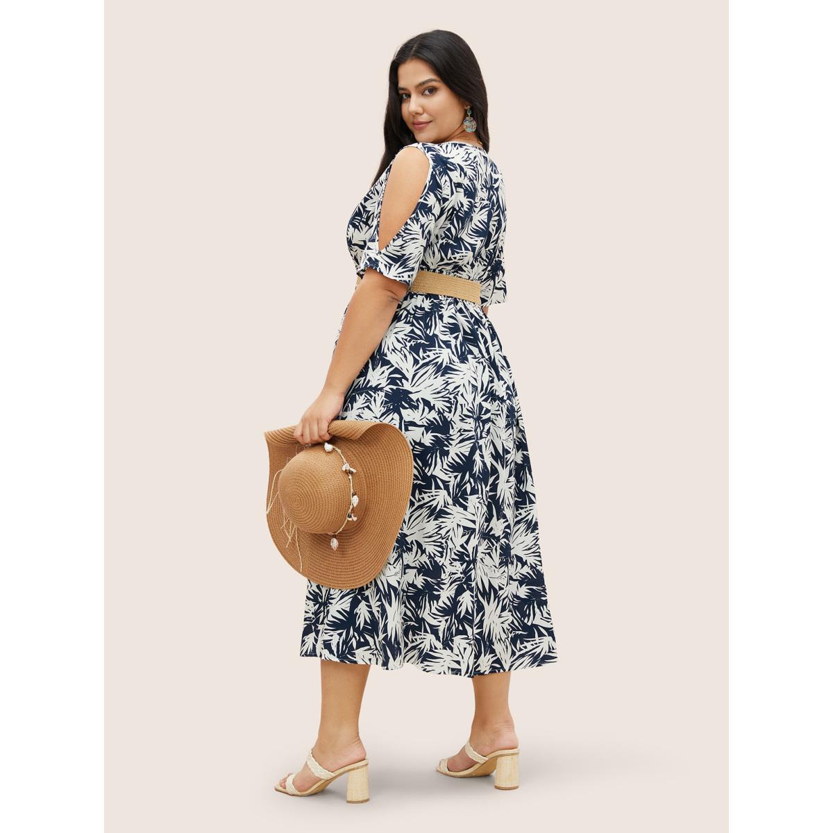 Plus Size Tropical Print Overlap Collar Shirred Cut Out Dress DarkBlue Women Resort Overlapping Overlap Collar Short sleeve Curvy Midi Dress BloomChic 30/6X Product Image