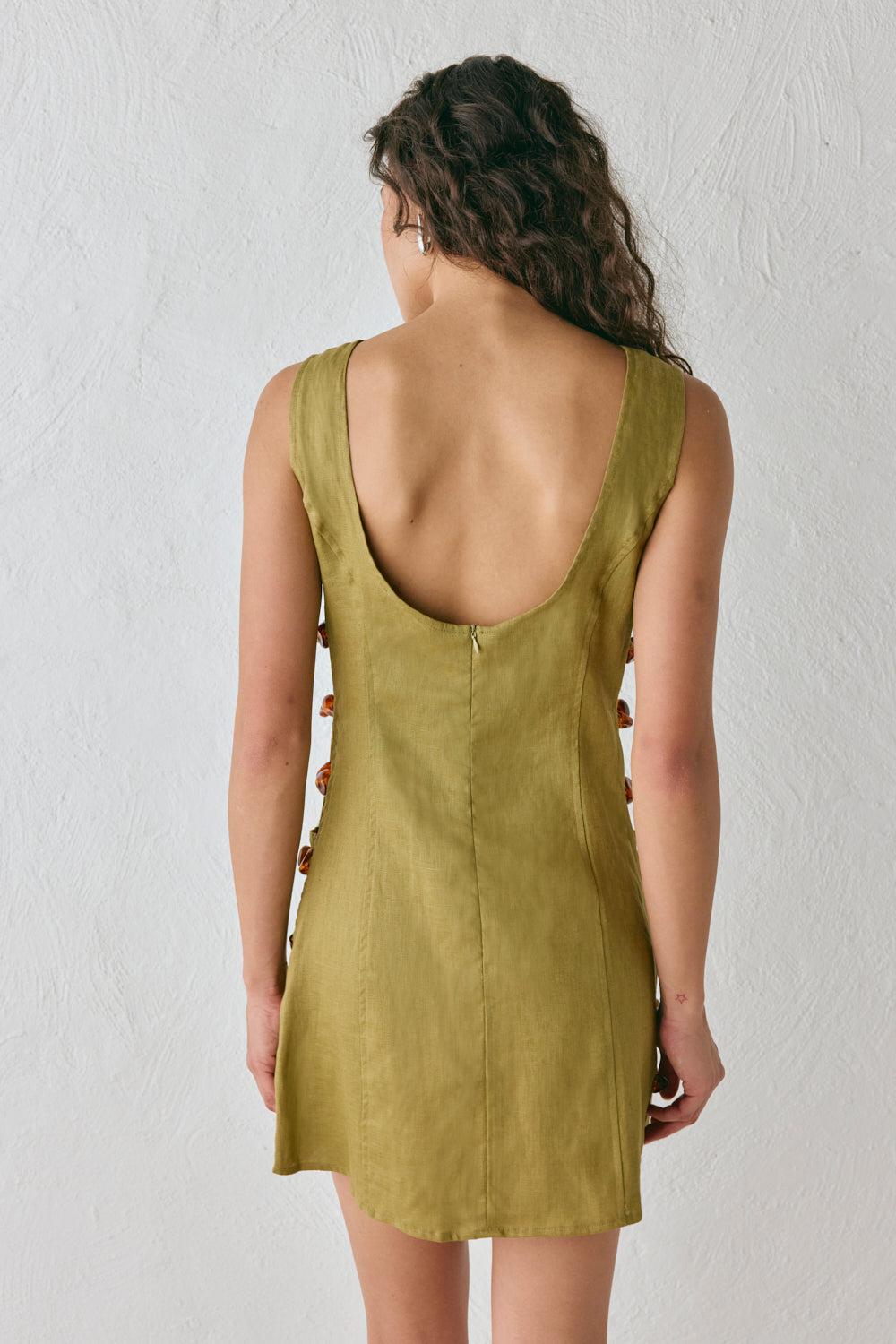 Tia Linen Mini Dress Olive Product Image