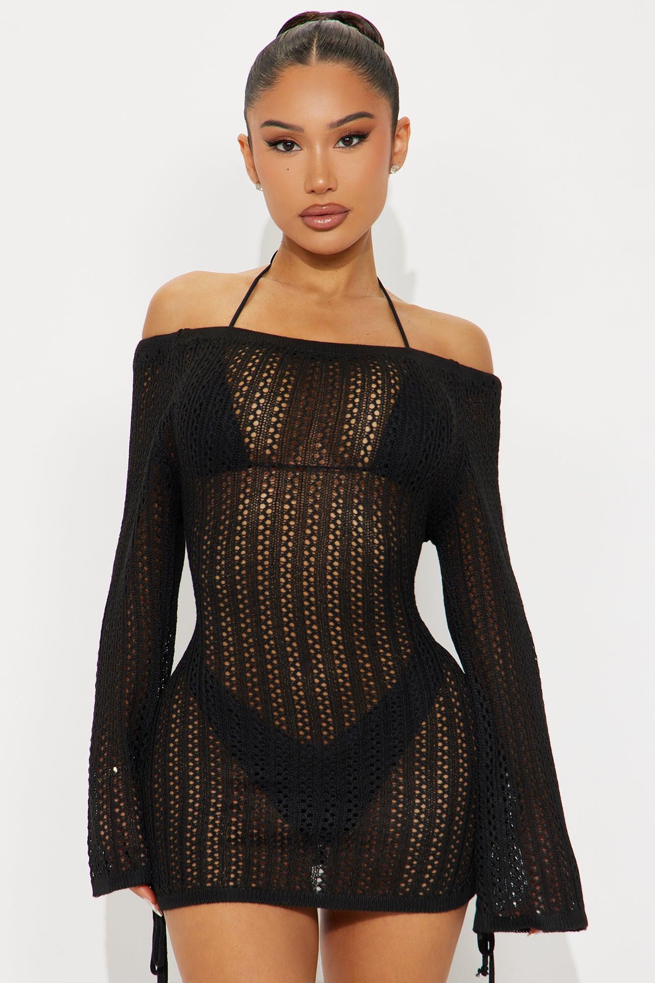 Tropical Skies Off Shoulder Ruched Cover Up Mini Dress - Black Female Product Image