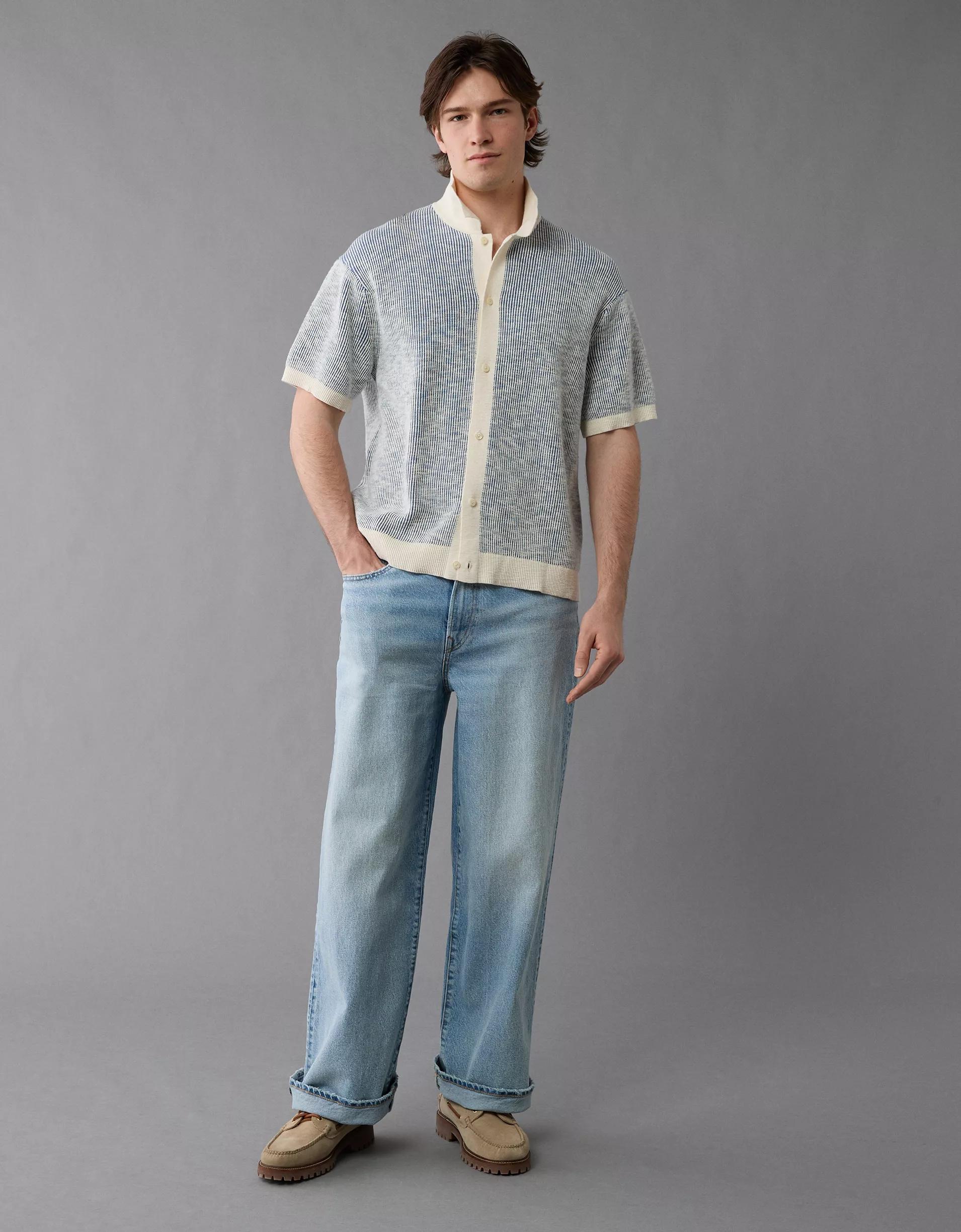 AE Weekend Striped Button-Up Sweater Polo Shirt Product Image