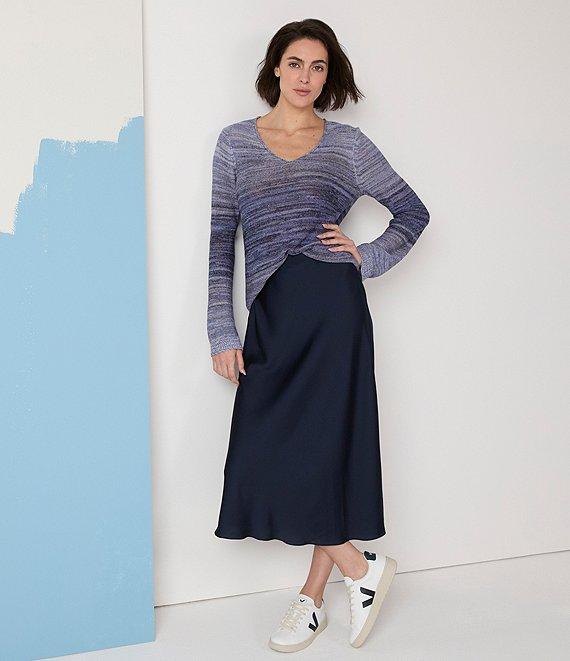 NIC + ZOE Hazy Shades Knit V-Neck Long Sleeve Crochet Detail Sweater Product Image