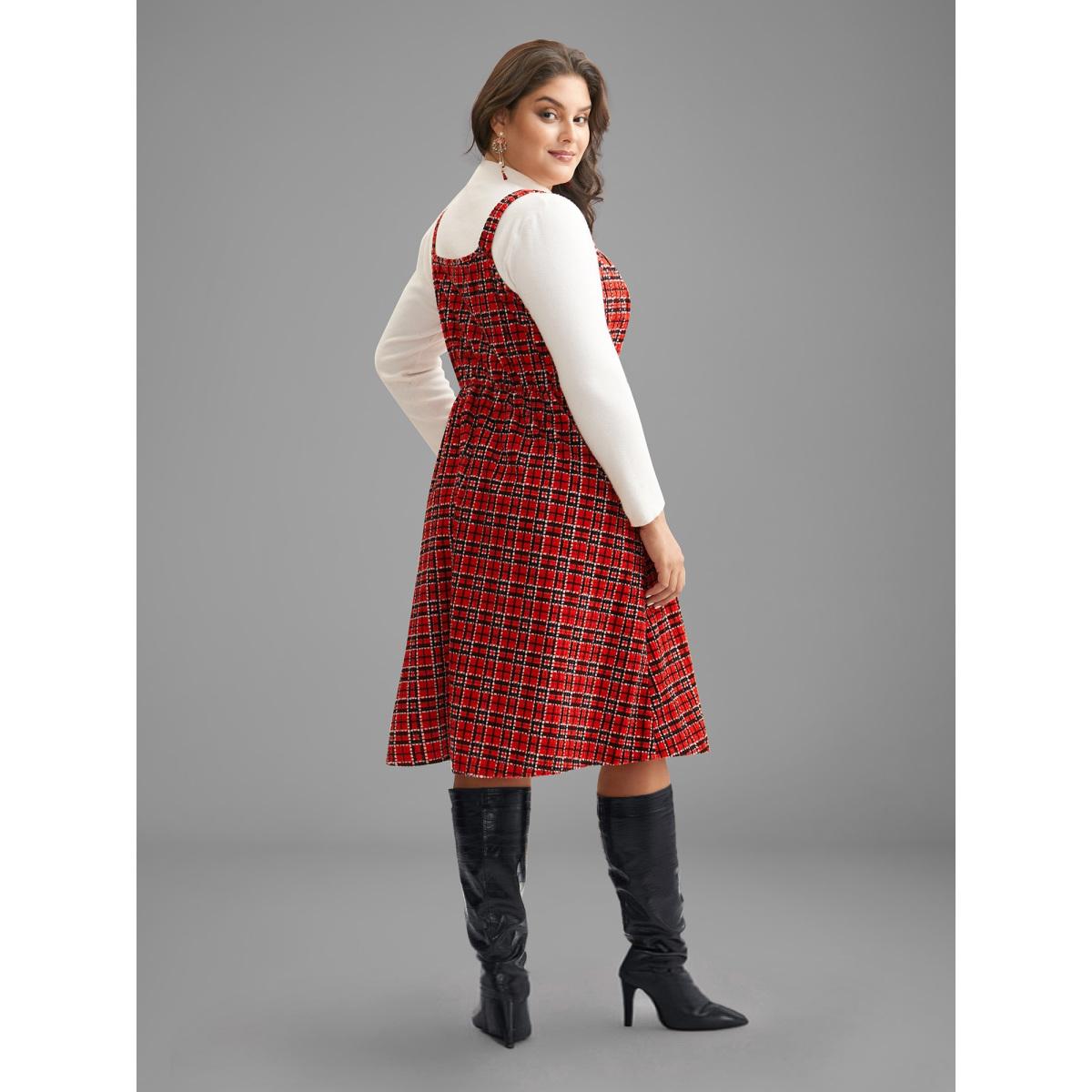 Plus Size Plaid Pinafore Elastic Waist Midi Dress Scarlet Women Elegant Texture Square Neck Sleeveless Curvy BloomChic 26/4X Product Image