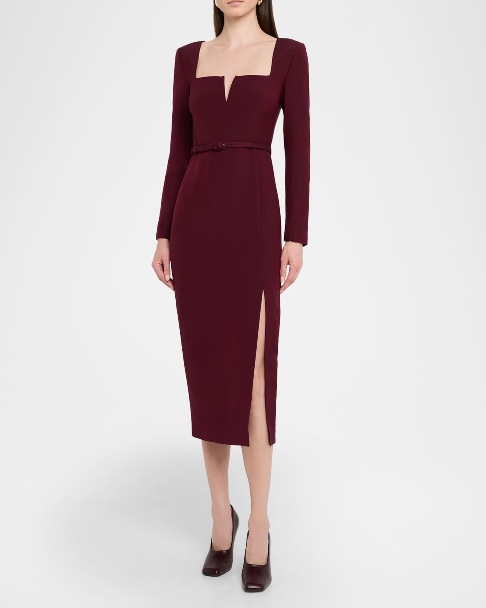Long-Sleeve Belted Wool-Silk Midi Dress Product Image