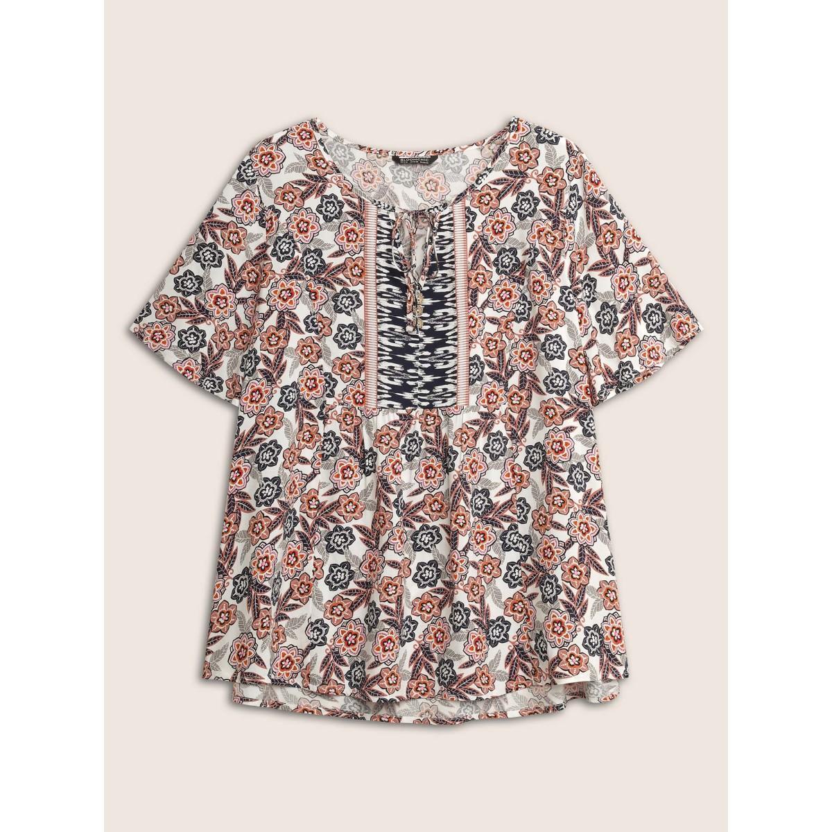 Plus Size Indigo Boho Print Button Detail Ties Blouse Women Resort Short sleeve V-neck Vacation Blouses BloomChic 18-20/2X Product Image