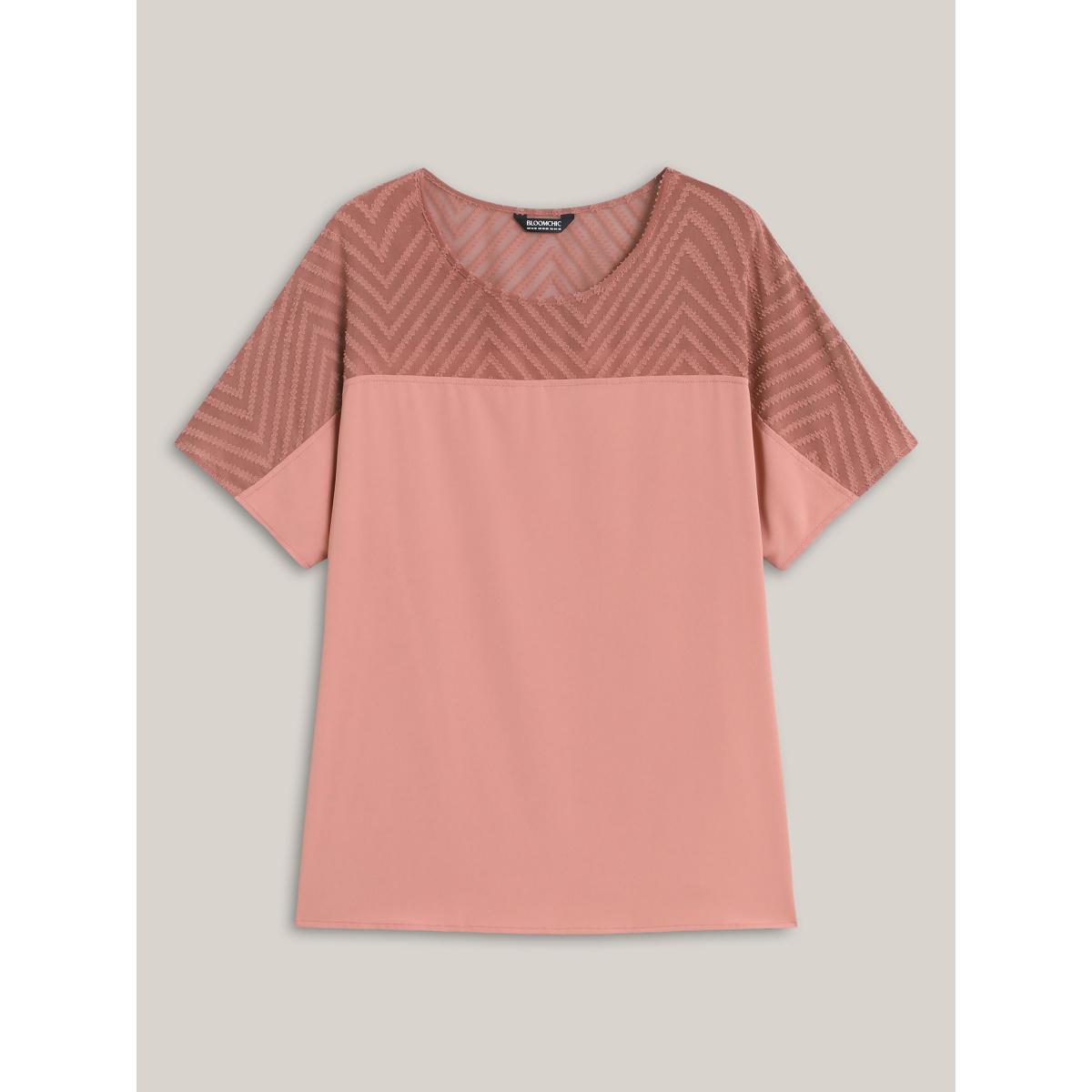 Plus Size DustyPink Textured Sheer Spliced Half Sleeve Blouse Women Short sleeve Round Neck Everyday-Elegant Blouses BloomChic 14-16/1X Product Image