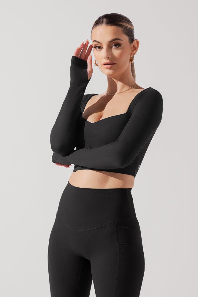 Sweetheart Long Sleeve Crop Top - Black Product Image