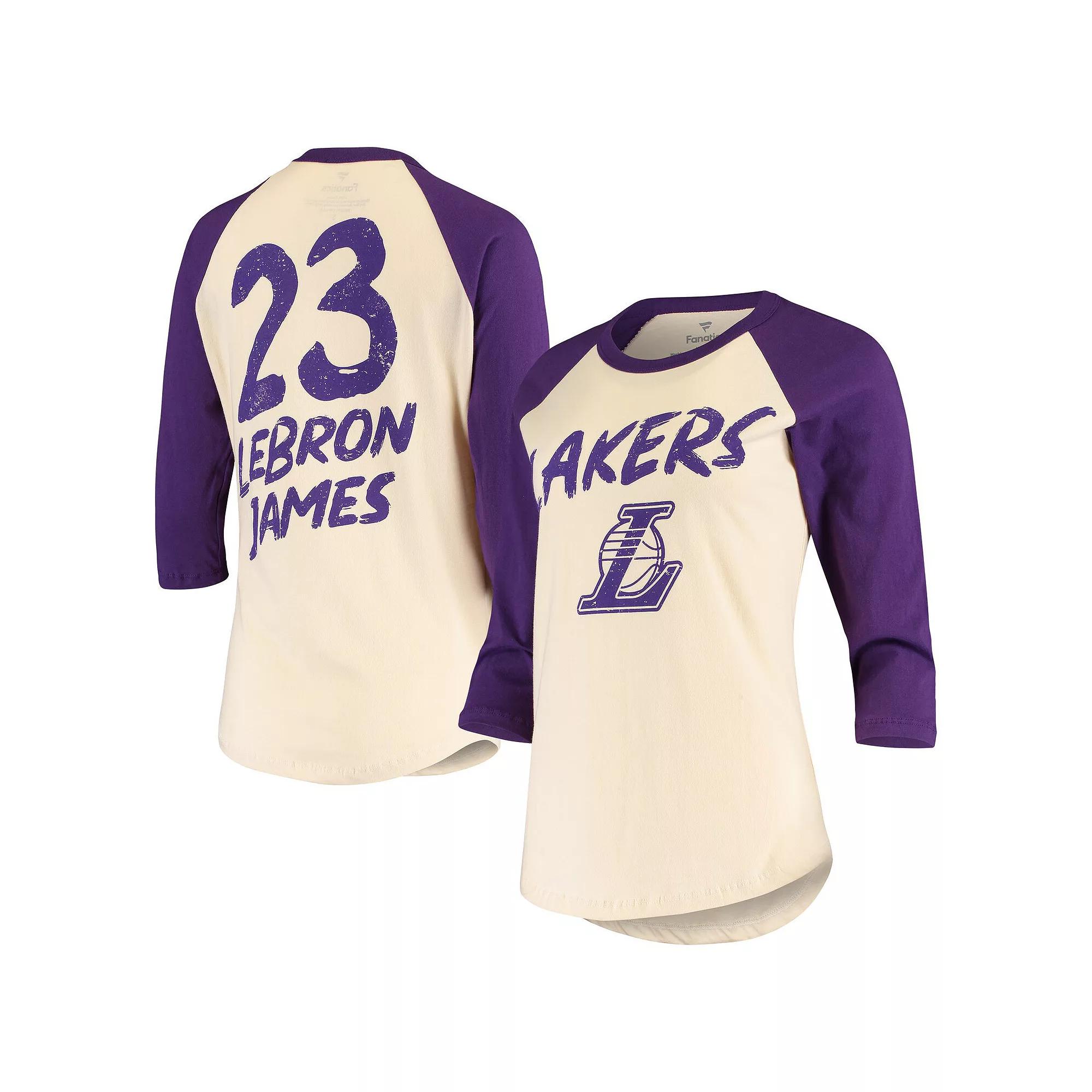 Women's Fanatics Branded LeBron James Cream Los Angeles Lakers Raglan 3/4-Sleeve T-Shirt, Size: Small, Beige Product Image