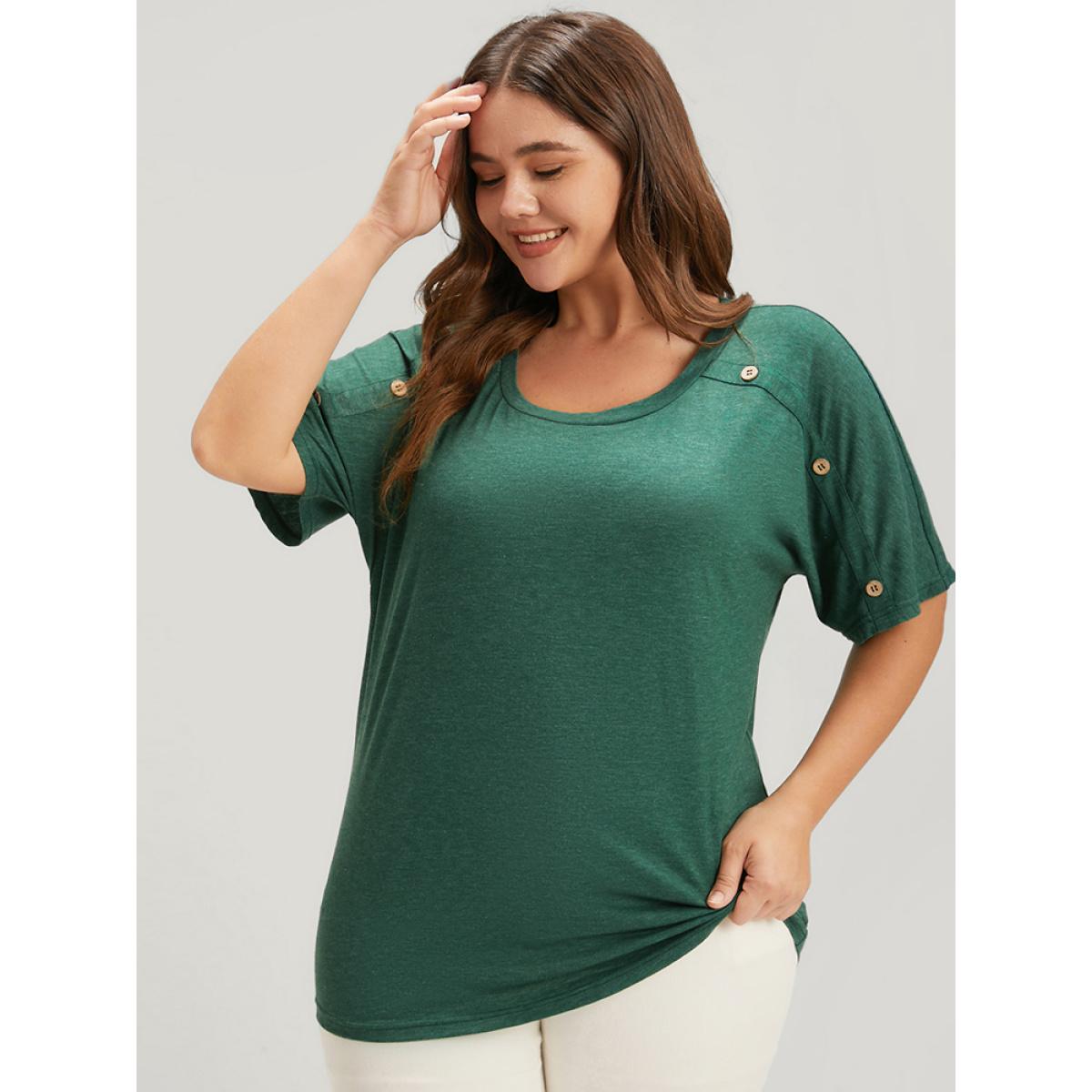 Plus Size Solid Round Neck Button Raglan Sleeve Modal T-shirt Green Women Casual Button Plain Round Neck Dailywear T-shirts BloomChic 14-16/1X Product Image
