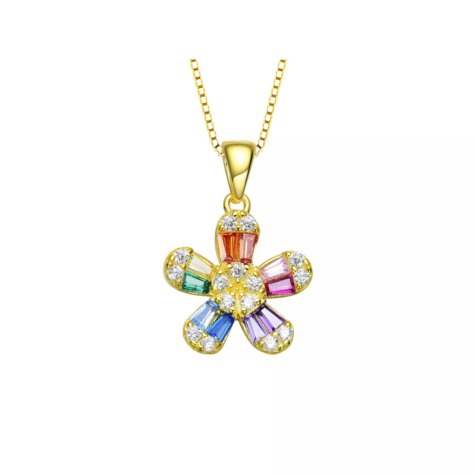 14k Gold Over Silver Multi Color Cubic Zirconia Baguette Flower Pendant Necklace, Womens Gold Tone Product Image