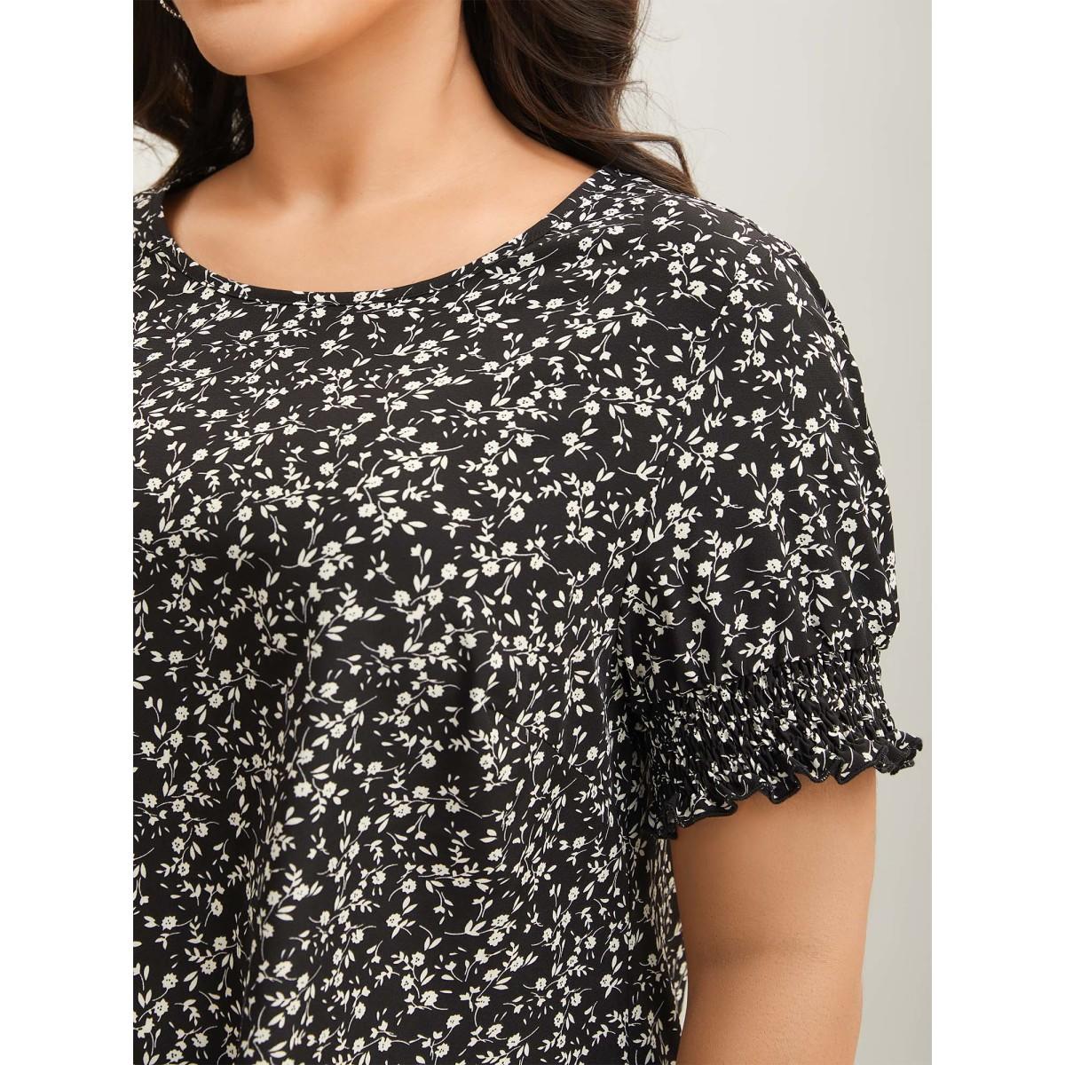 Plus Size Black Ditsy Floral Print Curvy Hem Blouse Women Elegant Elbow-length sleeve Round Neck Everyday Blouses BloomChic 30/6X Product Image