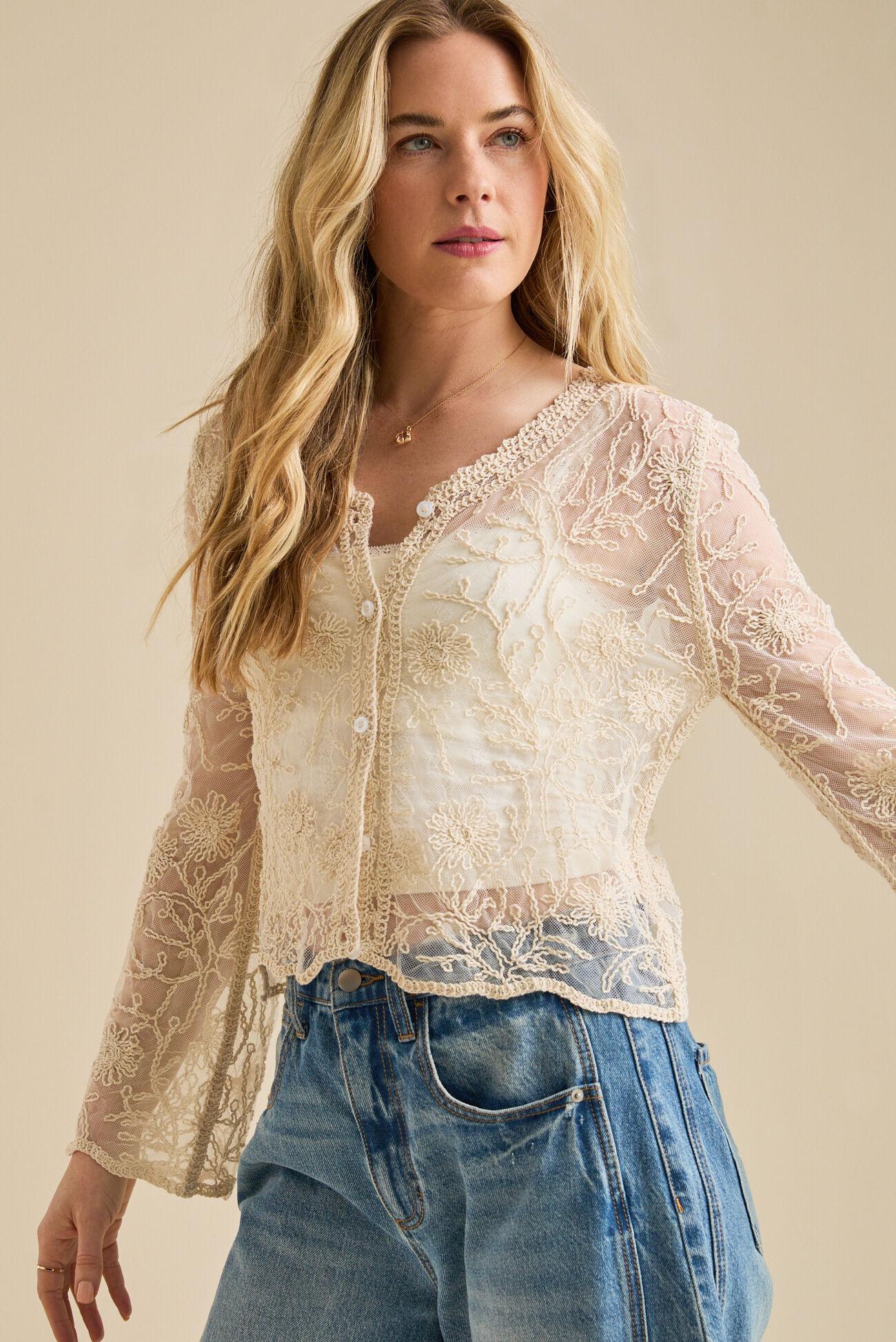 Betty Floral Mesh Button-Up Top Product Image