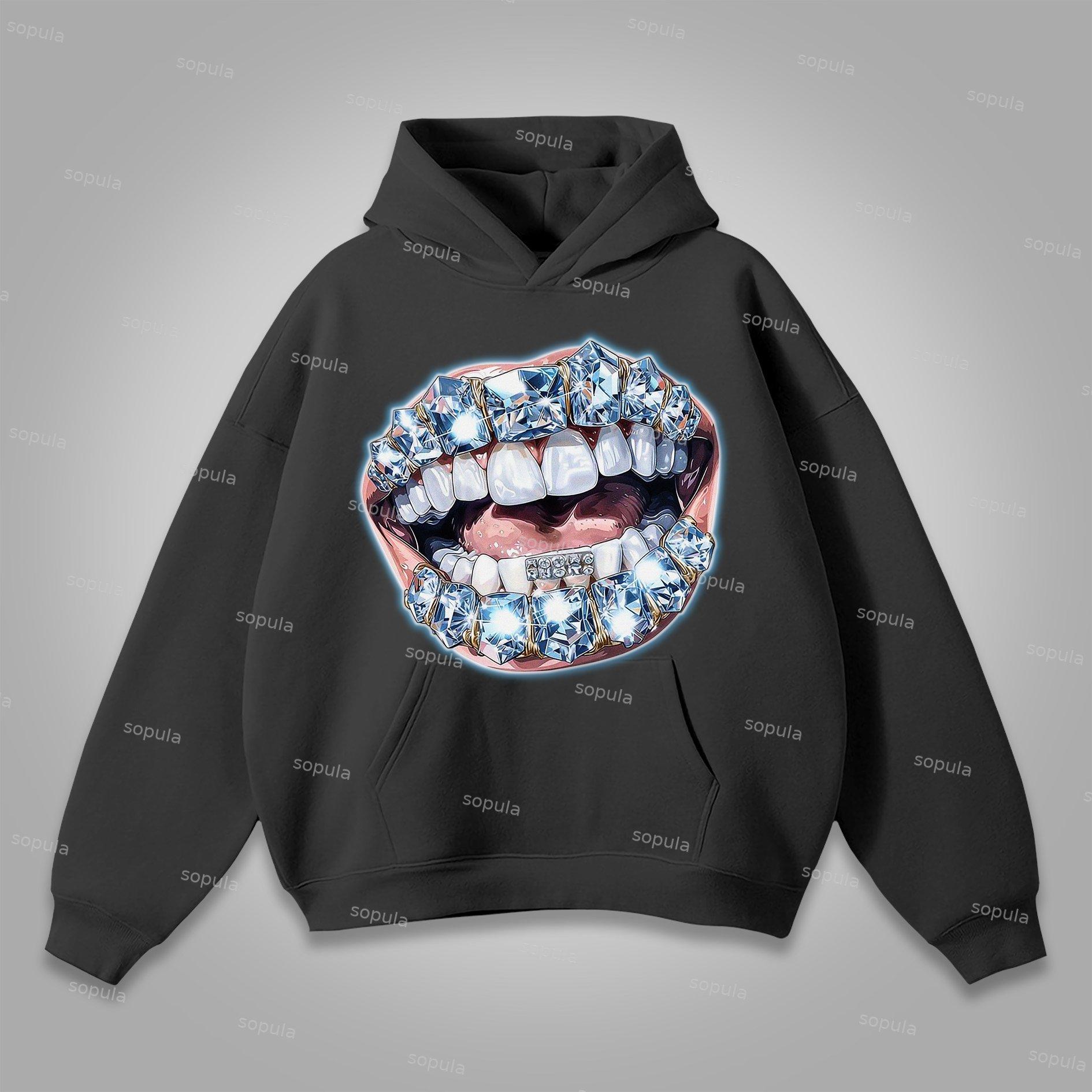Sopula Vintage Lips Graphic Print Street Style Pocket Hoodie Product Image