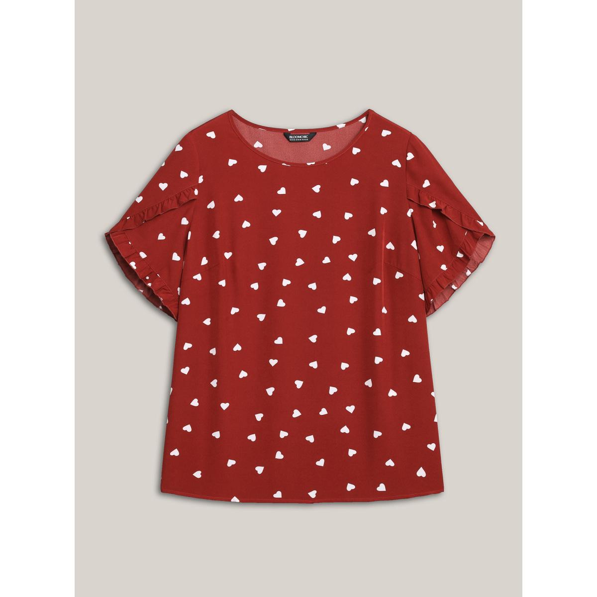Plus Size Scarlet Ruffled Overlap Sleeve Heart Pattern Blouse Women Retro Short sleeve Round Neck Elegant Blouses BloomChic 26/4X Product Image