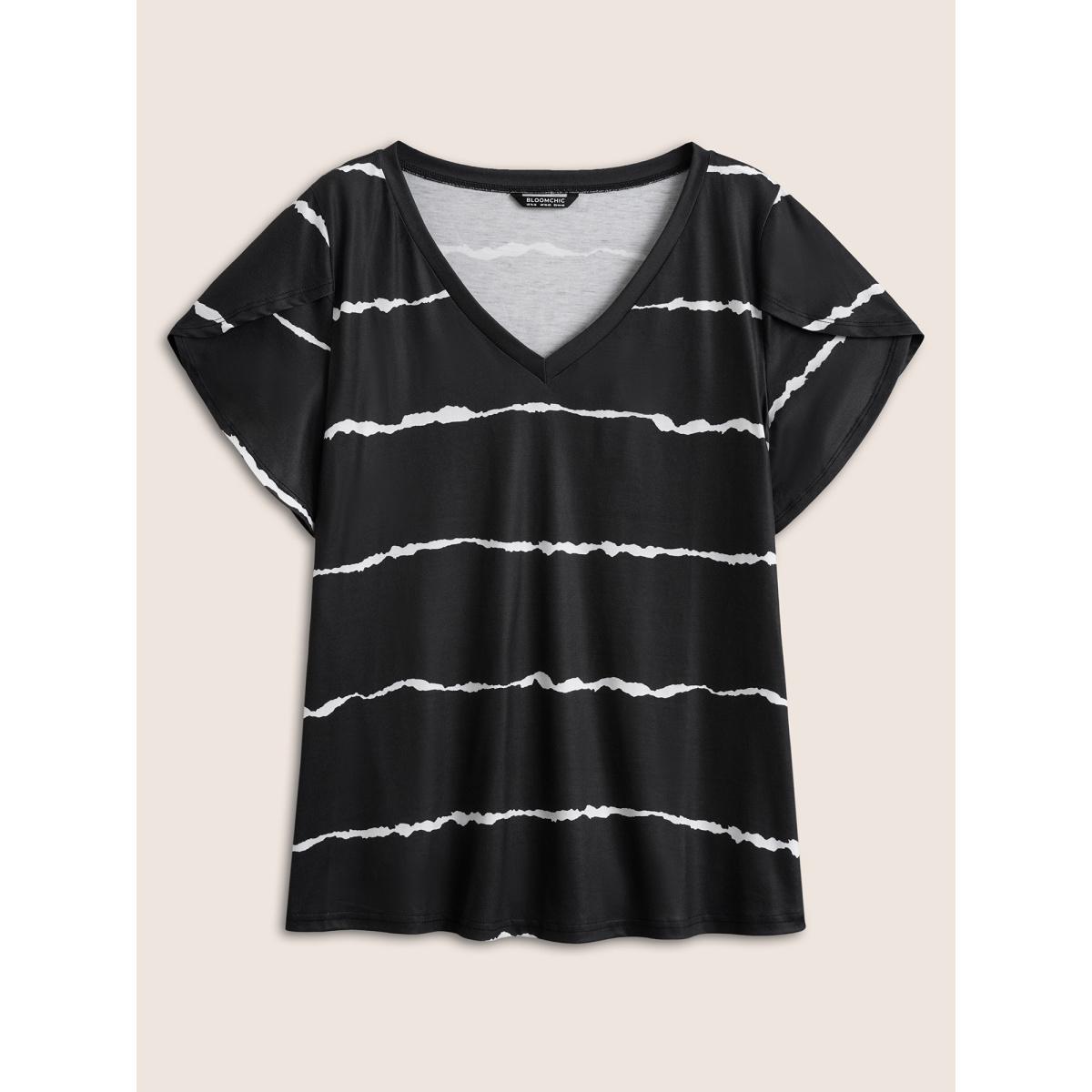 Plus Size Striped Contrast Petal Sleeve T-shirt Black Women Elegant Striped Everyday T-shirts BloomChic 22-24/3X Product Image