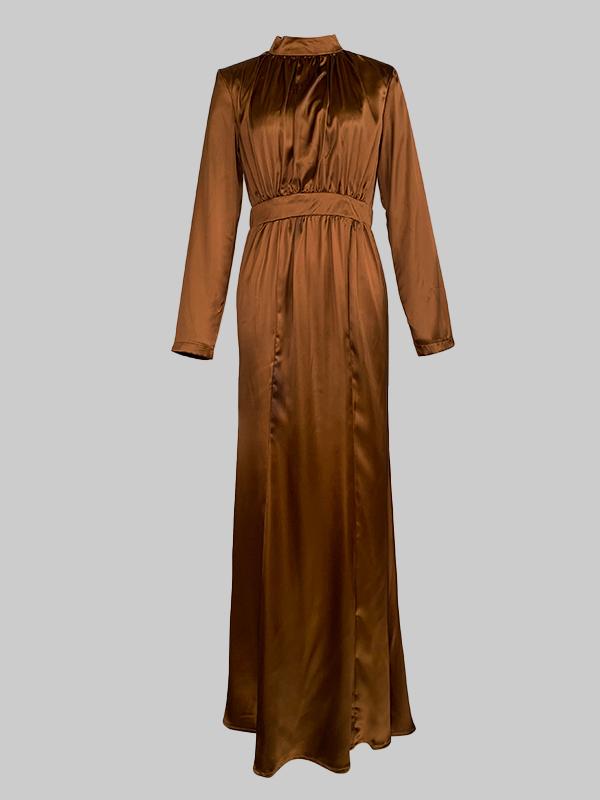 Long Sleeves Loose Pleated Shiny Solid Color Split-Joint Tied Waist High Neck Evening Dresses Maxi Dresses Product Image