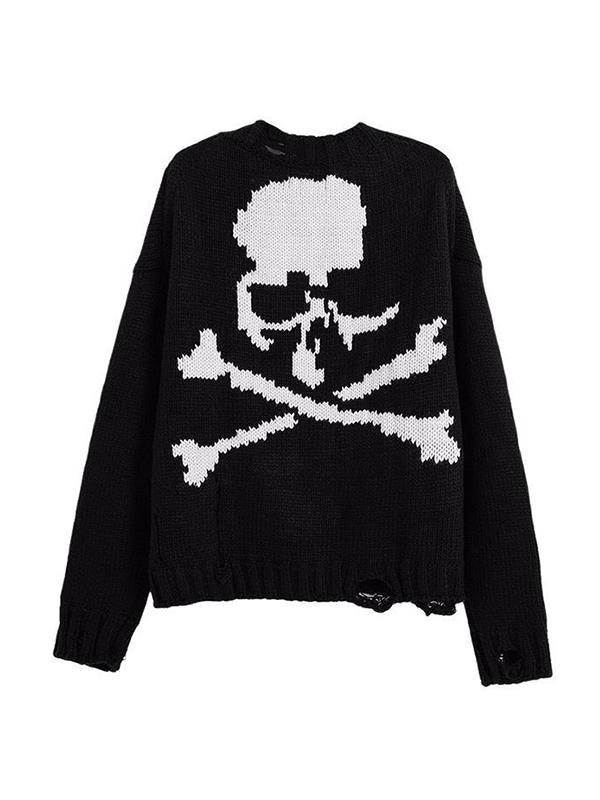 Men's Skull Tattered Hem Loose Sweater Product Image