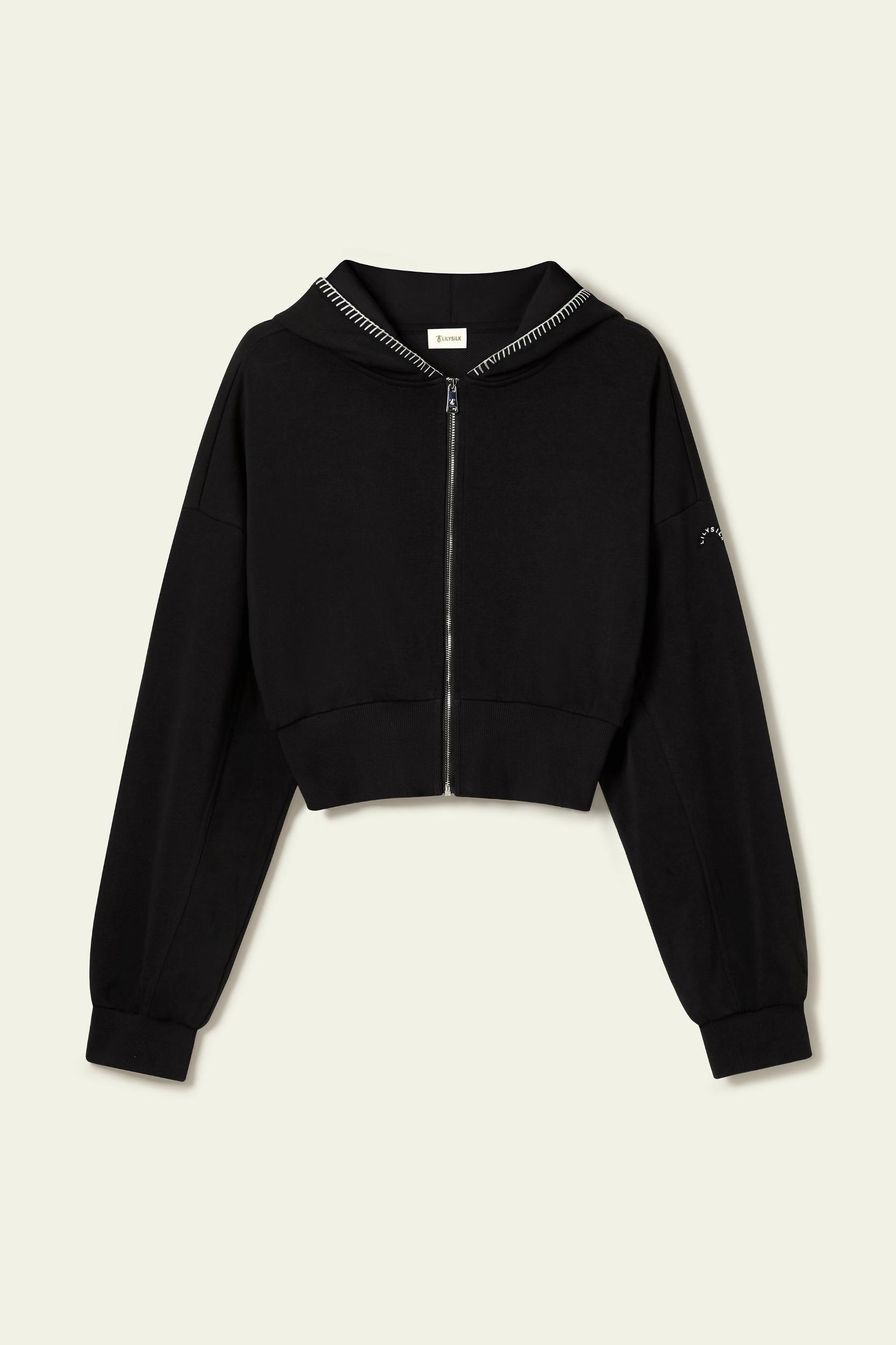 LILYSILK SILKERRY Womens Cropped Zip Up Hoodie | 100% Silk Loops | Cozy Zip-Up Jacket | Espresso L Product Image