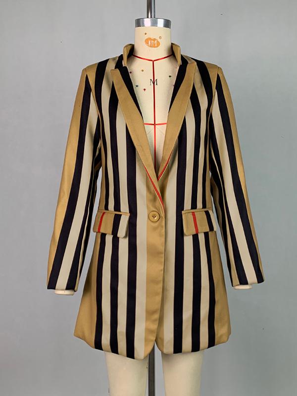 Long Sleeves Loose Buttoned Split-Joint Striped Stand Collar Woolen Coat Product Image