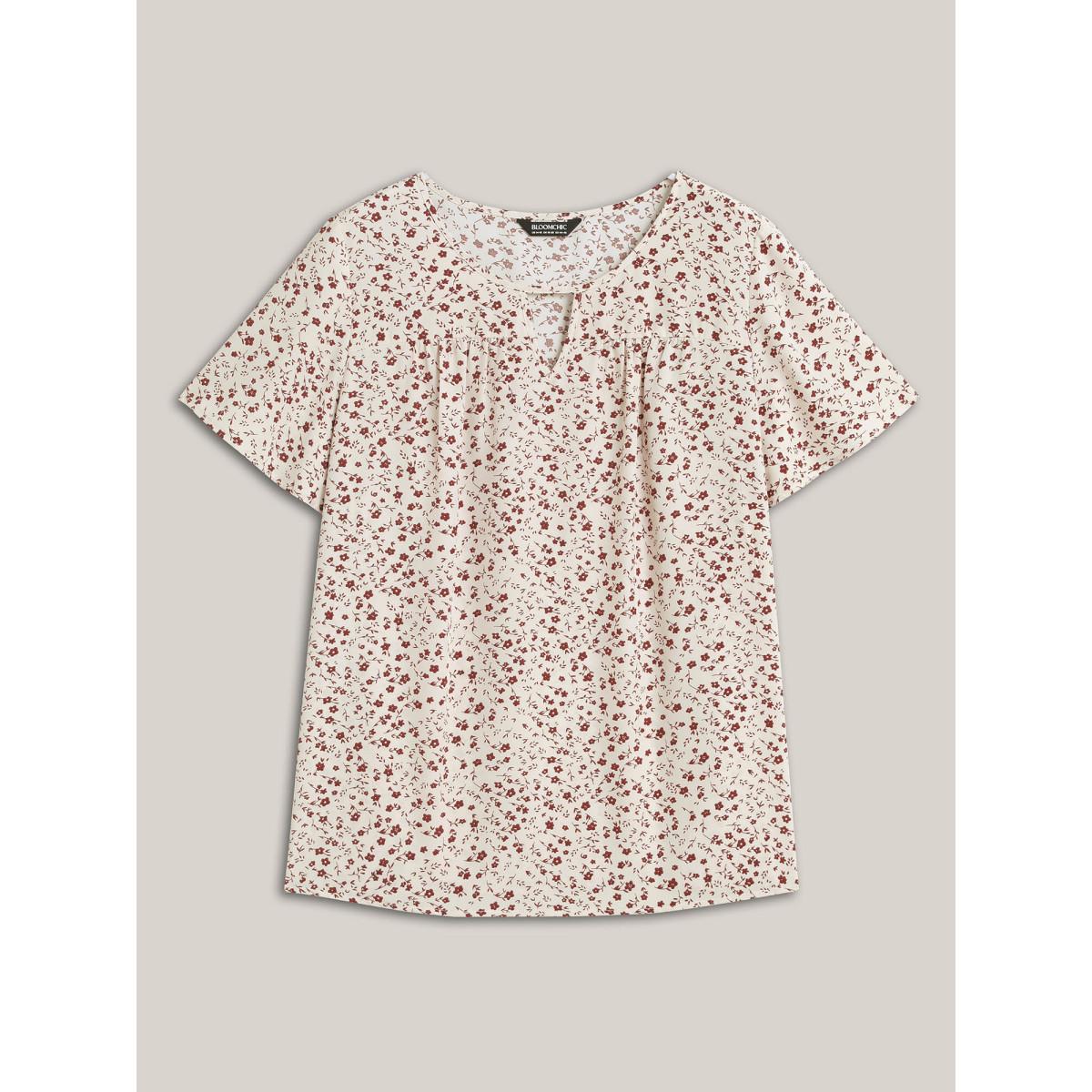 Plus Size Beige Ditsy Floral Print Lotus Leaf Sleeve Shirt Women Timeless Short sleeve Round Neck Elegant Blouses BloomChic 22-24/3X Product Image