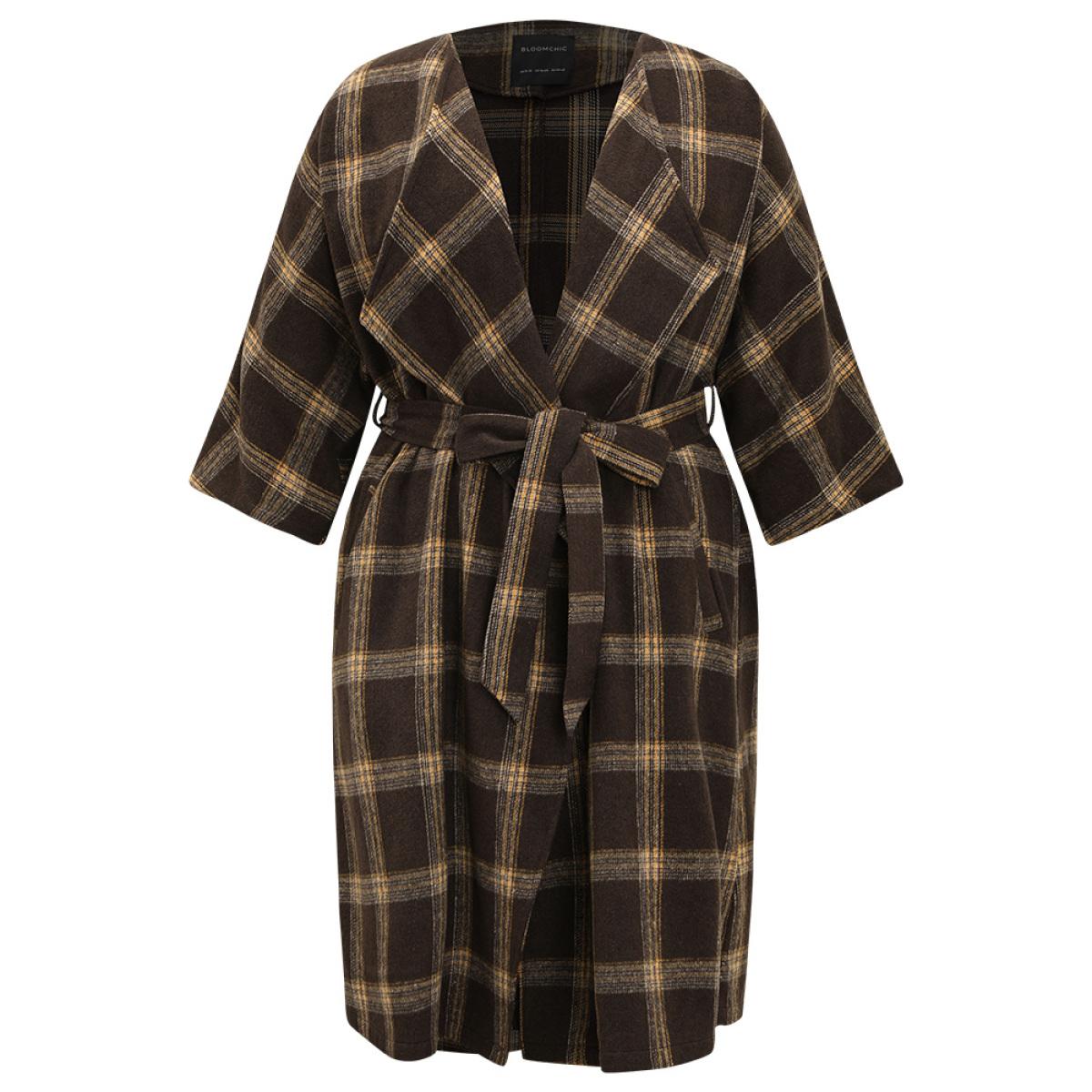 Plus Size Plaid Asymmetrical Neck Dolman Sleeve Belted Coat Women DarkBrown Elegant Belted Ladies Dailywear Winter Coats BloomChic 10/M Product Image