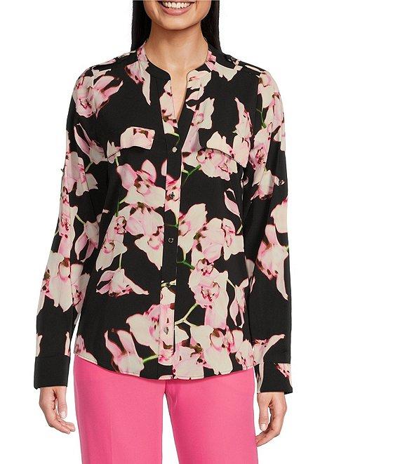 Calvin Klein Crew Neck Long Sleeve Stretch Woven Print Blouse Product Image