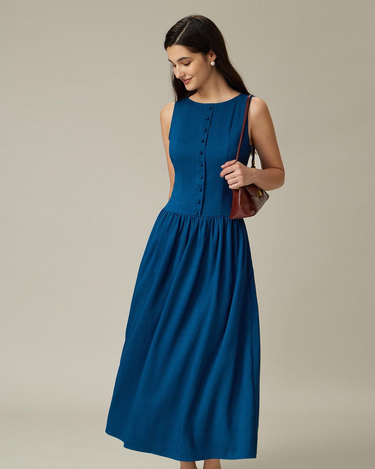 Blue Boat Neck Button Pocket Midi Dress Product Image