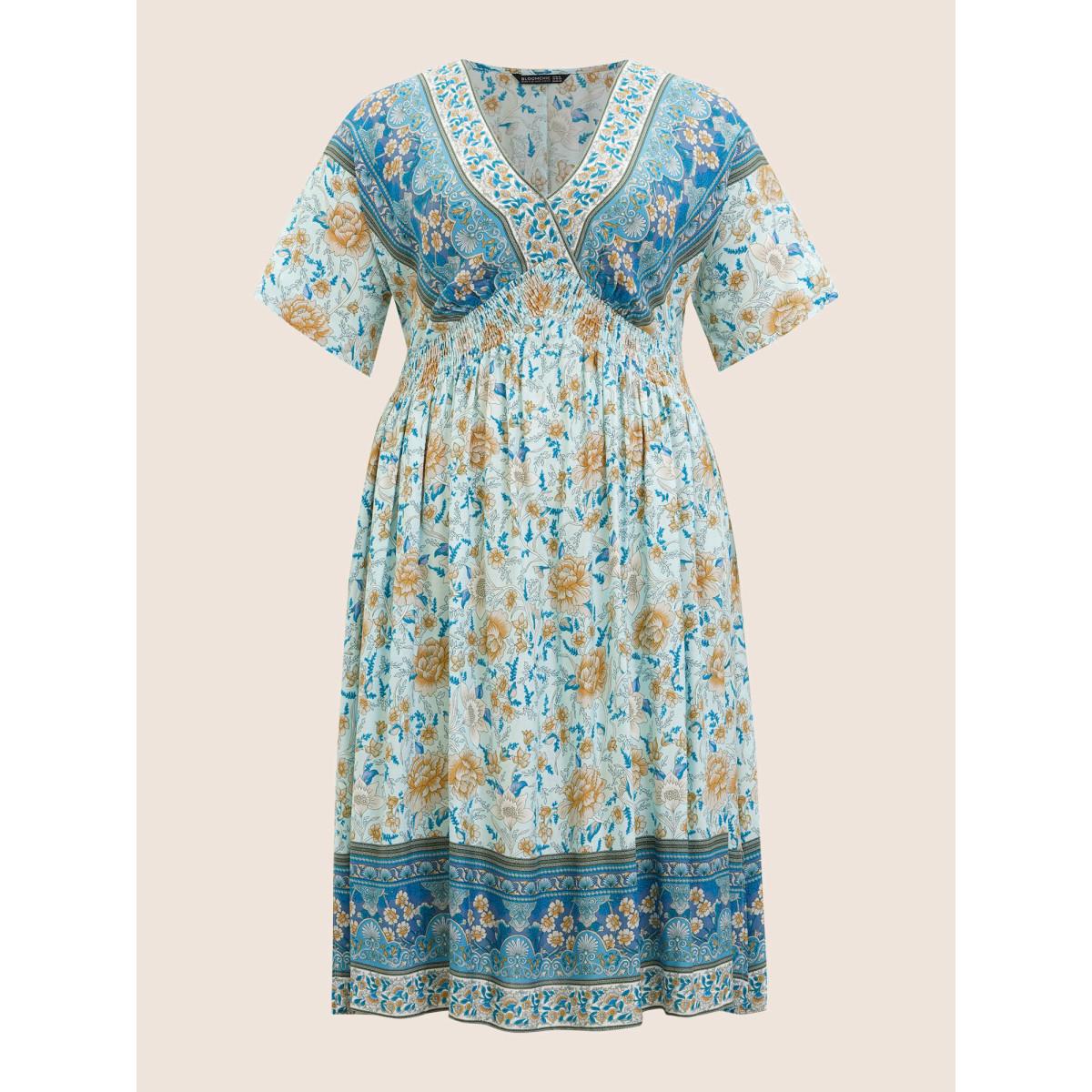 Plus Size Floral Dolman Sleeve Ruffles Shirred Split Hem Dress Turquoise Women Resort Non V-neck Short sleeve Curvy Midi Dress BloomChic 12/L Product Image