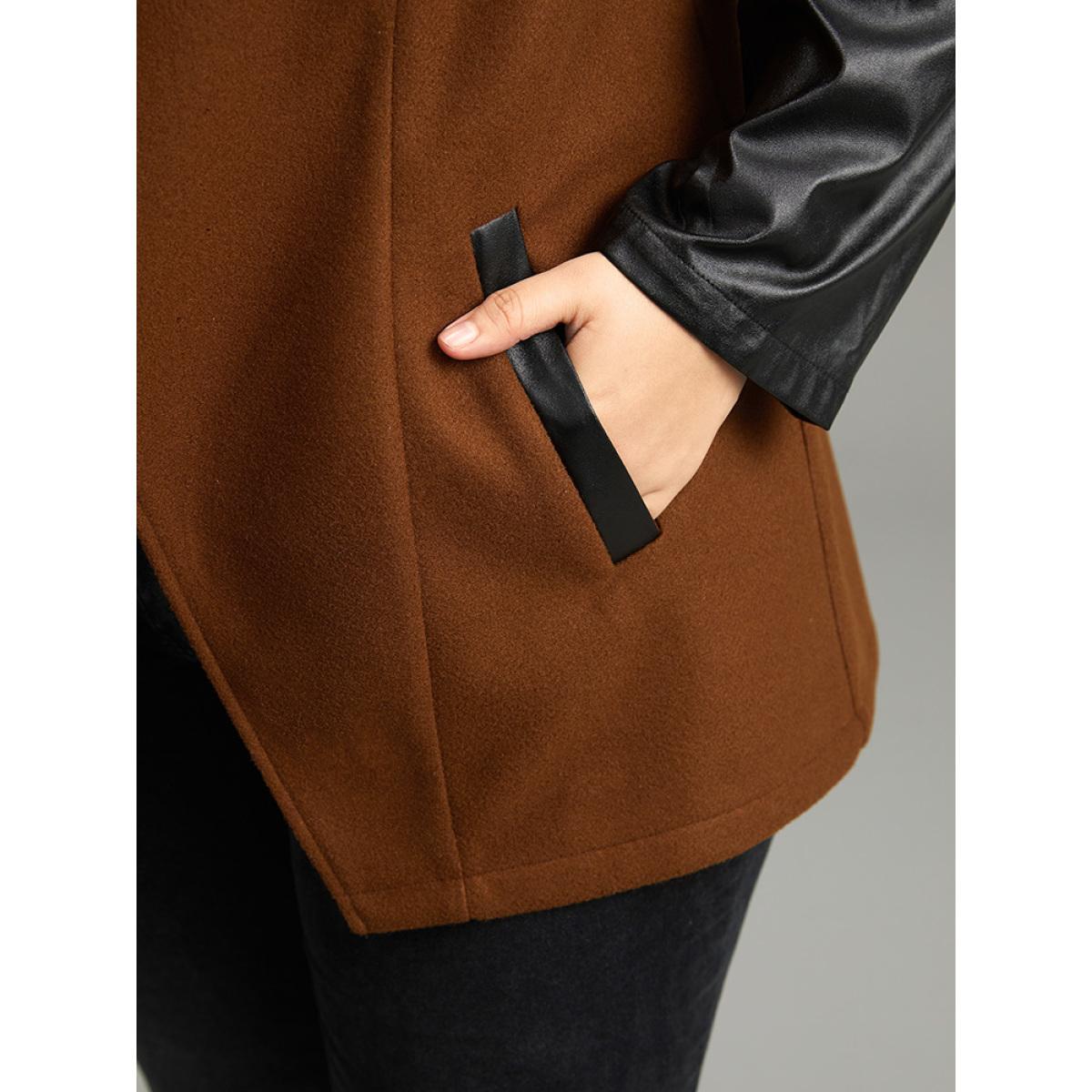 Plus Size Contrast PU Leather Lapel Collar Pocket Button Up Coat Women Tan Casual Contrast Ladies Dailywear Winter Coats BloomChic 26/4X Product Image