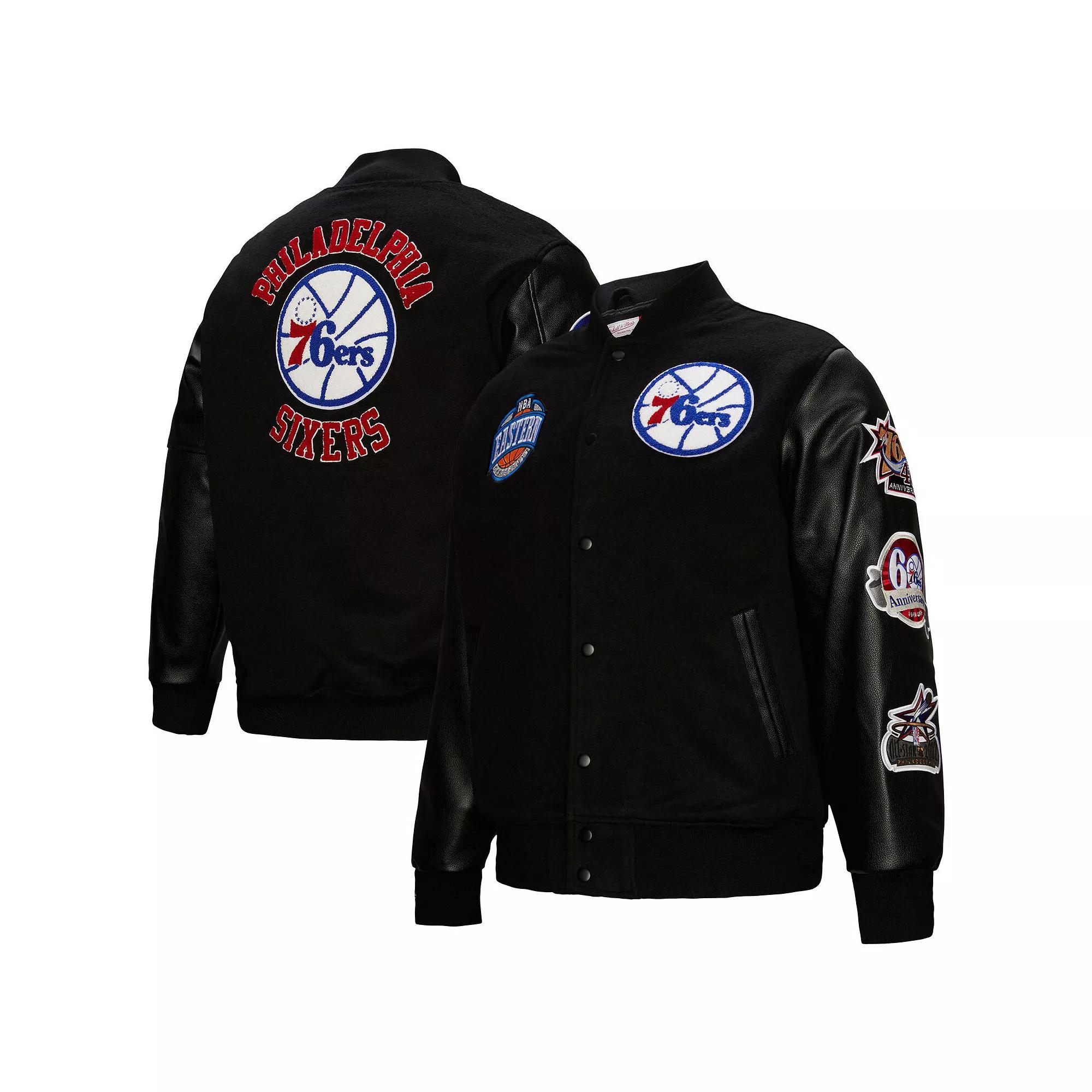 Men's Mitchell & Ness  Black Philadelphia 76ers Hardwood Classics Blackout Collection Full-Snap Varsity Jacket, Size: 2XL, 76r Black Product Image
