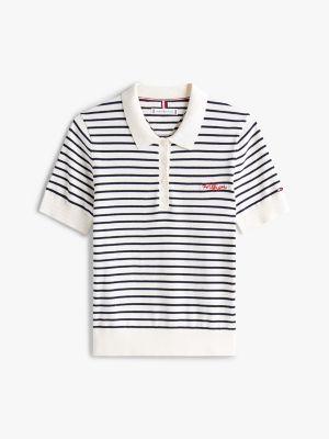 Short-Sleeve Striped Polo Sweater Product Image