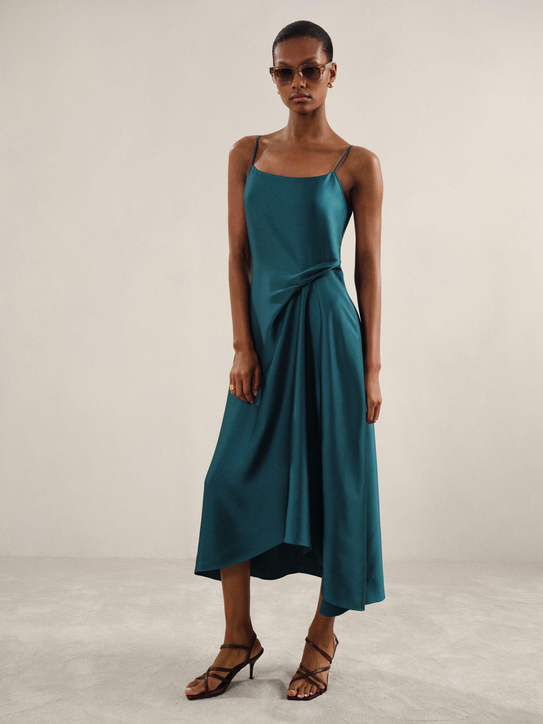 Petite Satin Drape-Detail Slip Dress in Teal Product Image