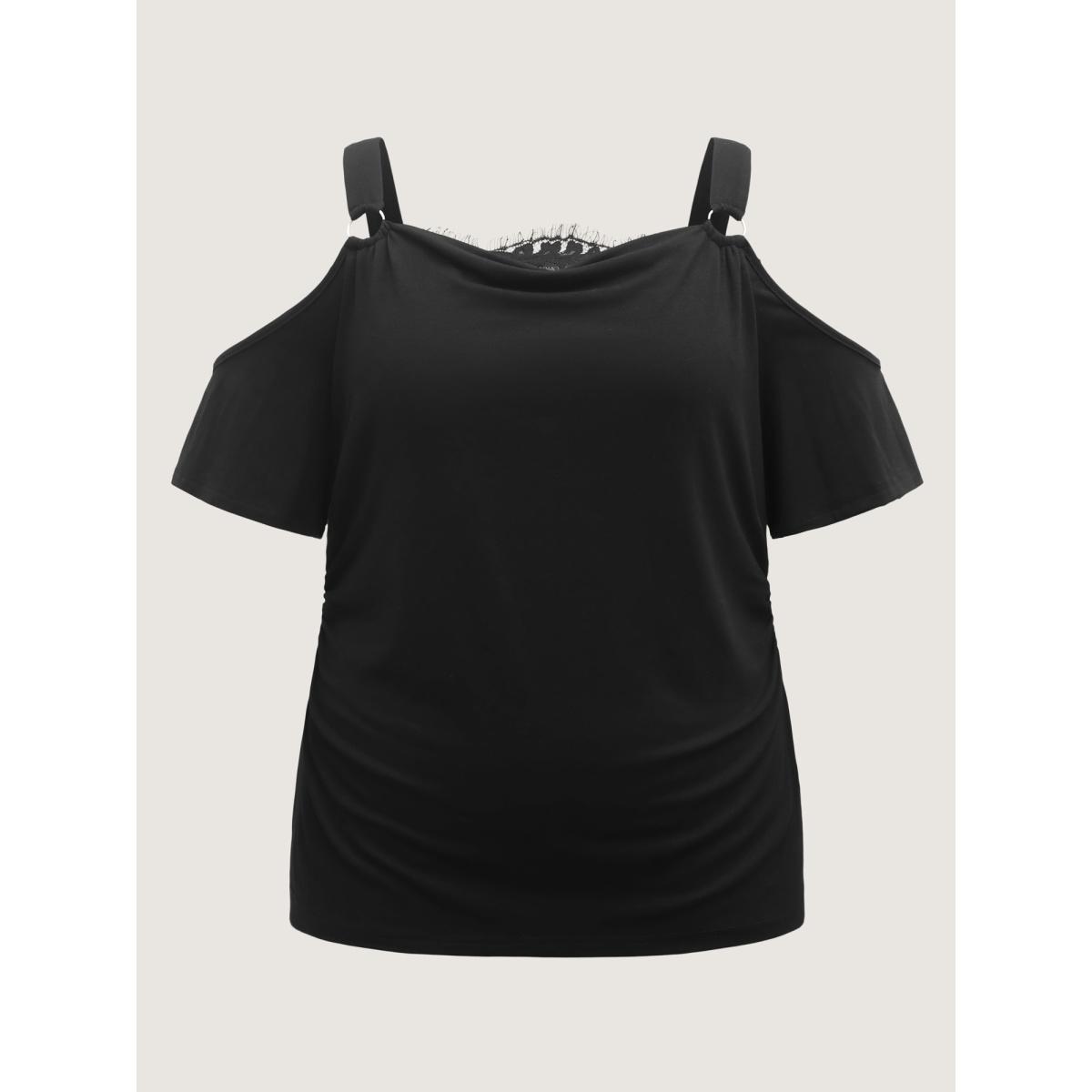 Plus Size Lace Trim Cowl Neck Off-Shoulder T-Shirt Black Women Cowl Neck Everyday-Casual T-shirts BloomChic 10/M Product Image