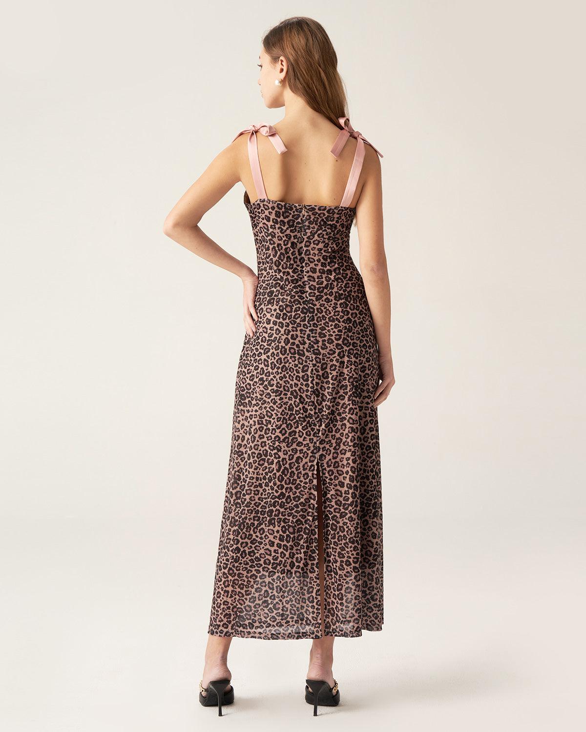 Brown Leopard Sweetheart Neck Slip Maxi Dress Product Image