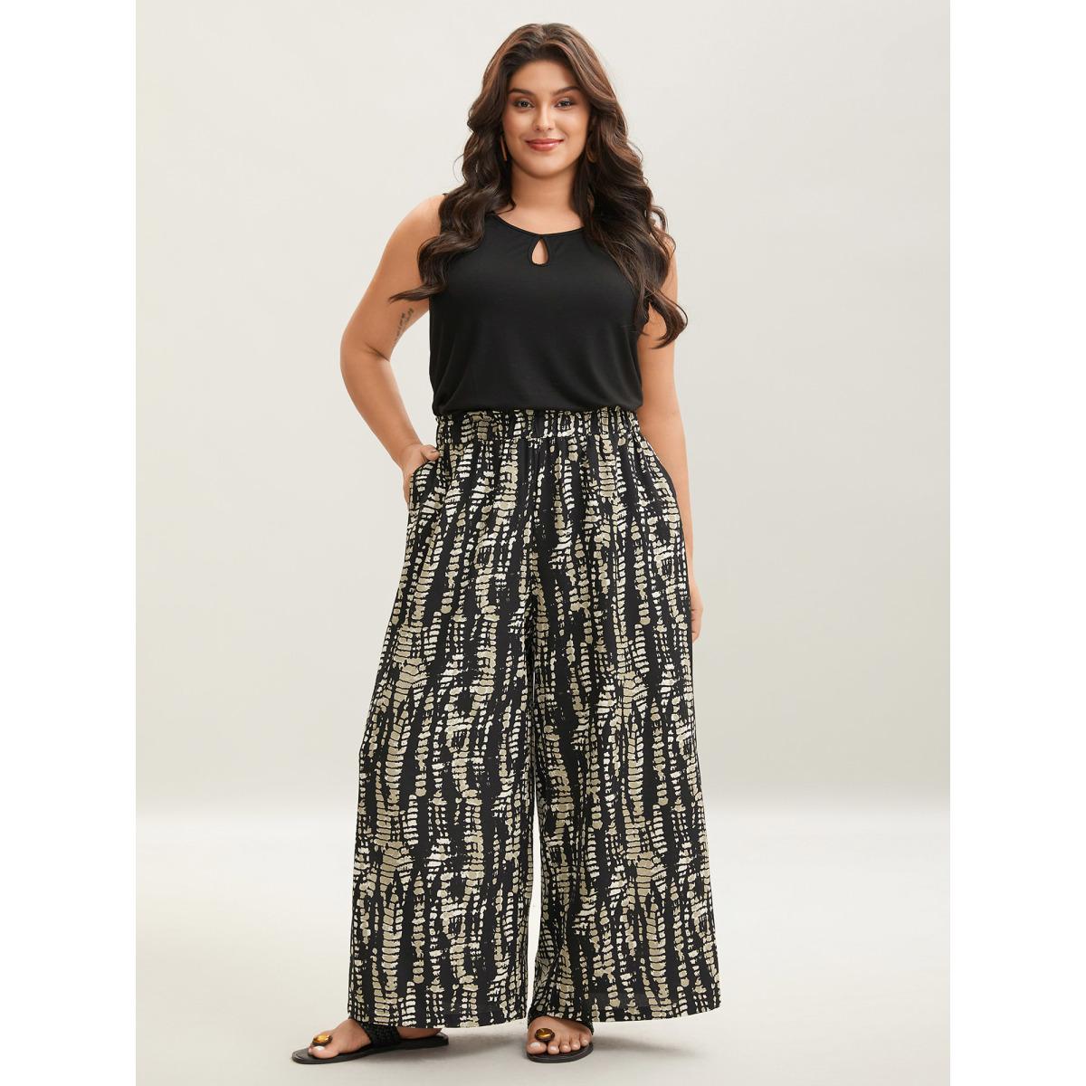 Plus Size Abstract Tie-Dye Wide-Leg Pants Women Black Timeless Wide Leg Mid Rise Elegant Pants BloomChic 26/4X Product Image