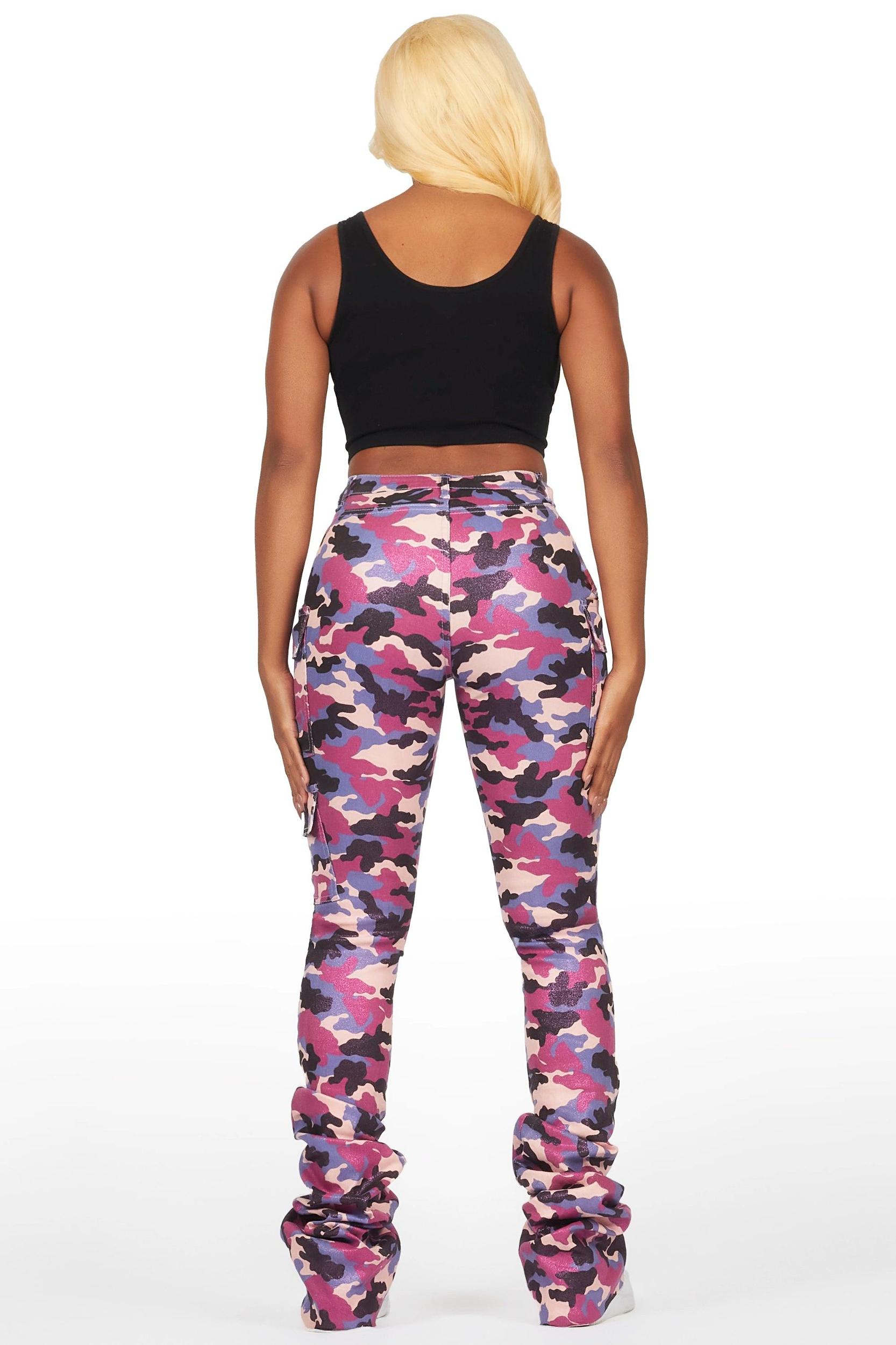 Alaysha Purple Camo Cargo Super Stacked PU Pant Female Product Image
