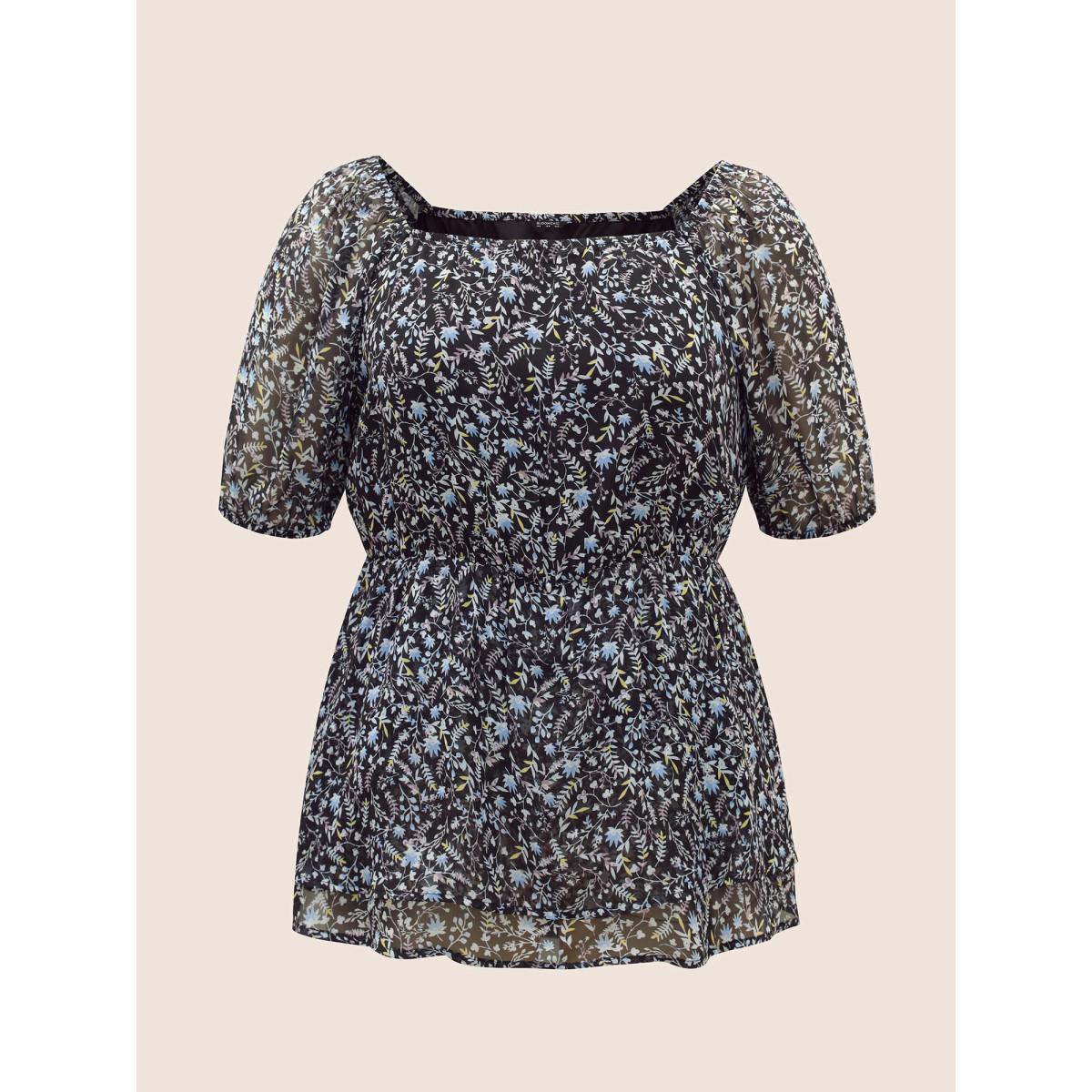 Plus Size Indigo Ditsy Floral Mesh Square Neck Layered Hem Blouse Women Elegant Short sleeve Square Neck Everyday Blouses BloomChic 18-20/2X Product Image