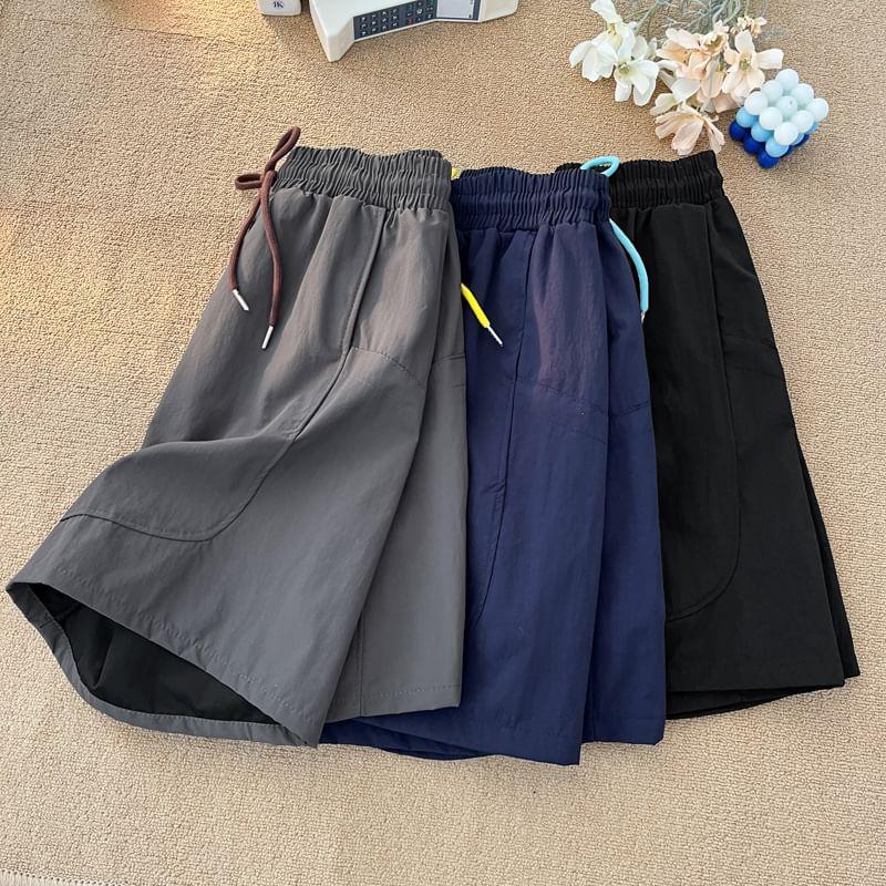 Drawstring Waist Plain Sweat Shorts Product Image