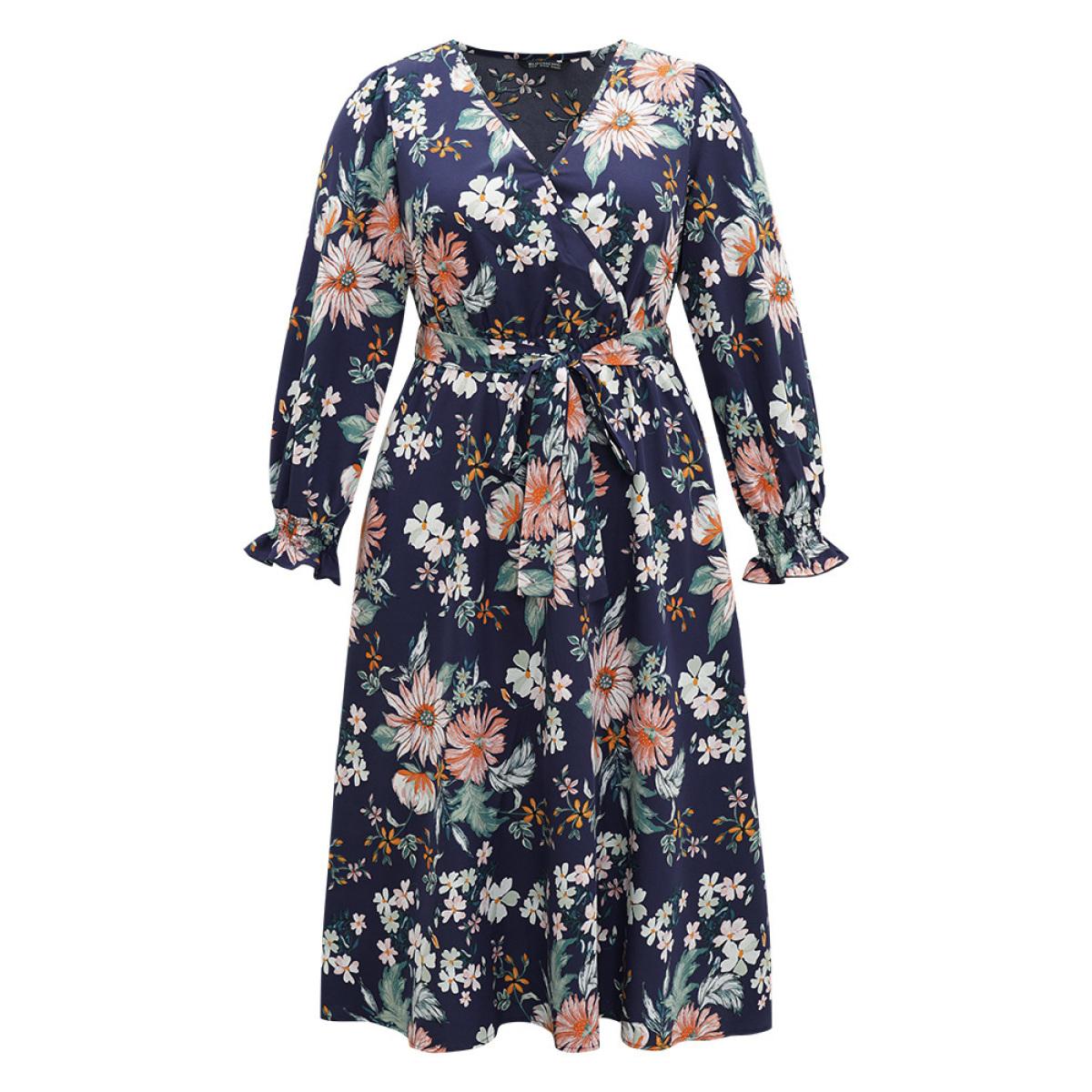 Plus Size Floral Print Overlap Collar Shirred Dress DarkBlue Women Elegant Belted V-neck Long Sleeve Curvy Midi Dress BloomChic 14-16/1X Product Image