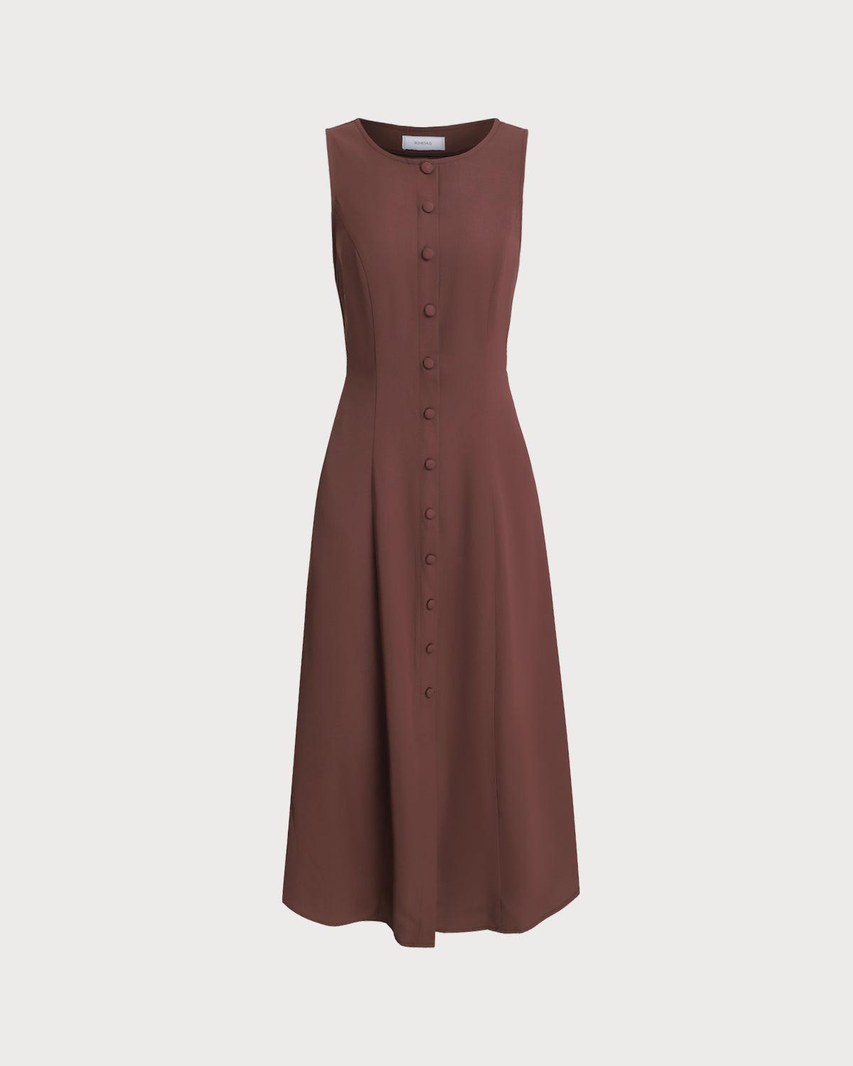 Brown Round Neck Button Sleeveless Maxi Dress Product Image