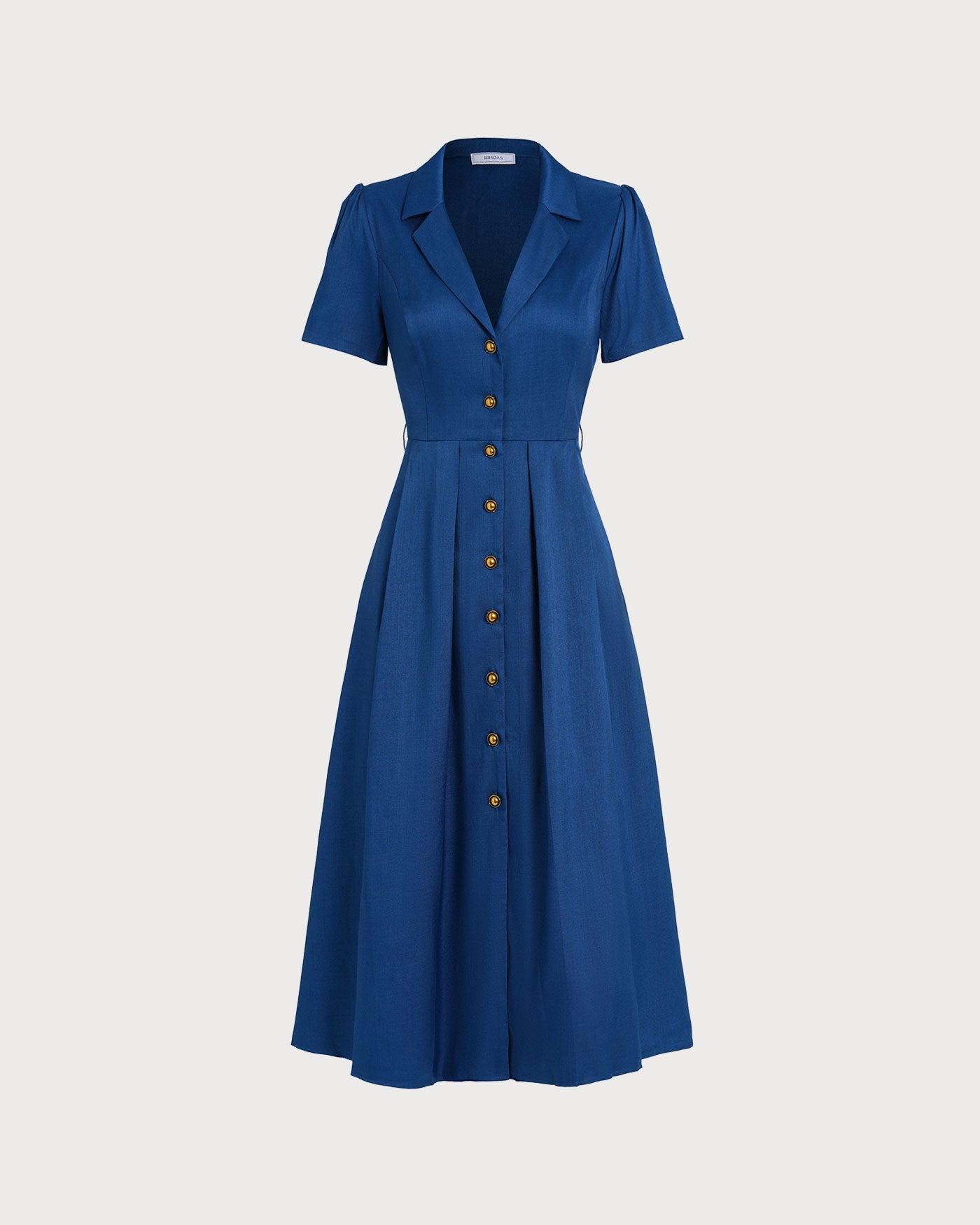 Blue V Neck Pleated Button Midi Dress Product Image