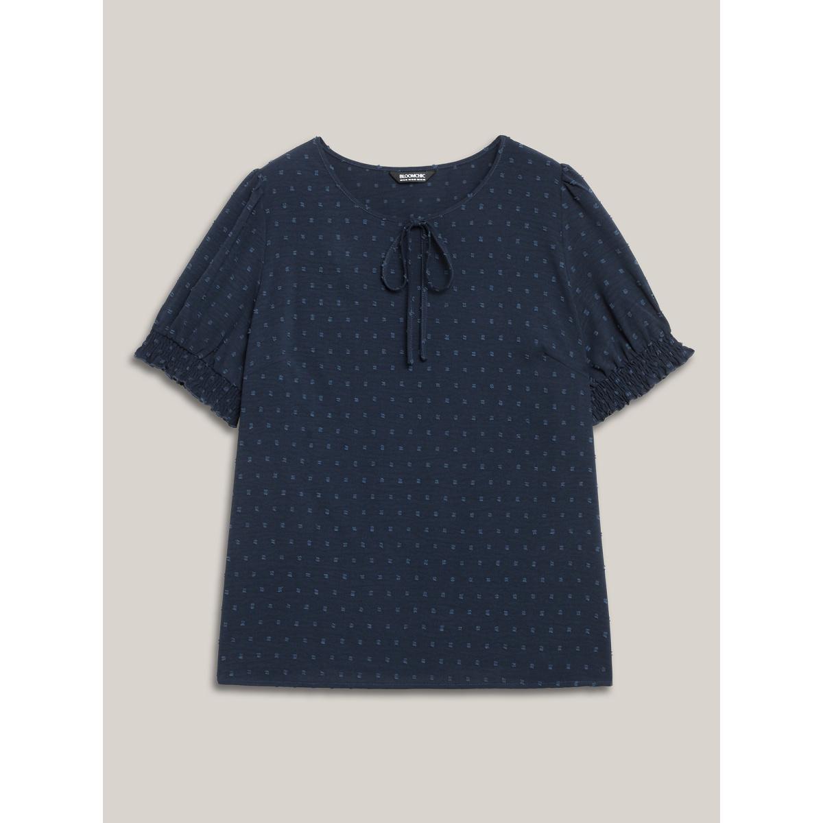 Plus Size Indigo Shirred Puff Sleeve Neck-Tie Shirt Women Office Short sleeve Round Neck Vacation Blouses BloomChic 14-16/1X Product Image