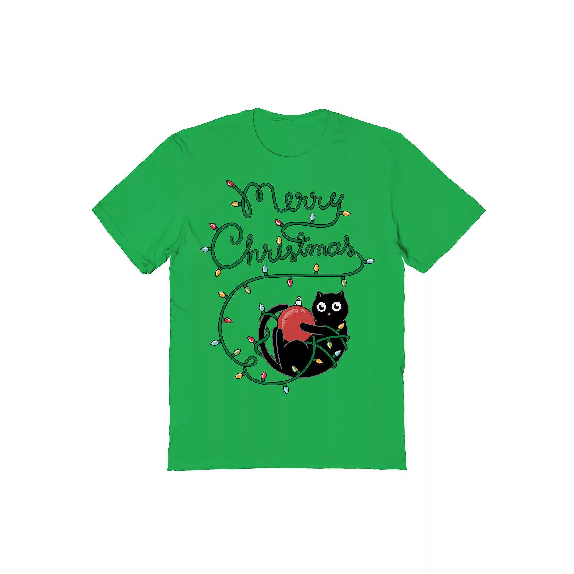 Men's Cat Merry Christmas Graphic Tee, Size: Medium, Irish Green Product Image