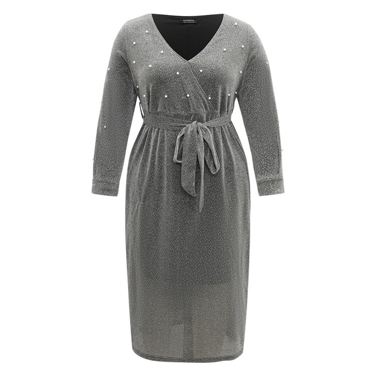 Plus Size V Neck Pearl Beaded Belted Dress DimGray Women Party Wrap Overlap Collar Long Sleeve Curvy Midi Dress BloomChic 22-24/3X Product Image