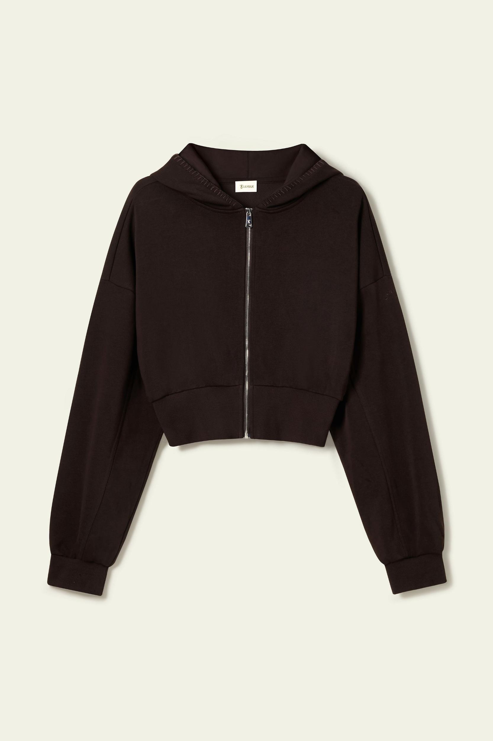 LILYSILK SILKERRY Womens Cropped Zip Up Hoodie | 100% Silk Loops | Cozy Zip-Up Jacket | Espresso L Product Image